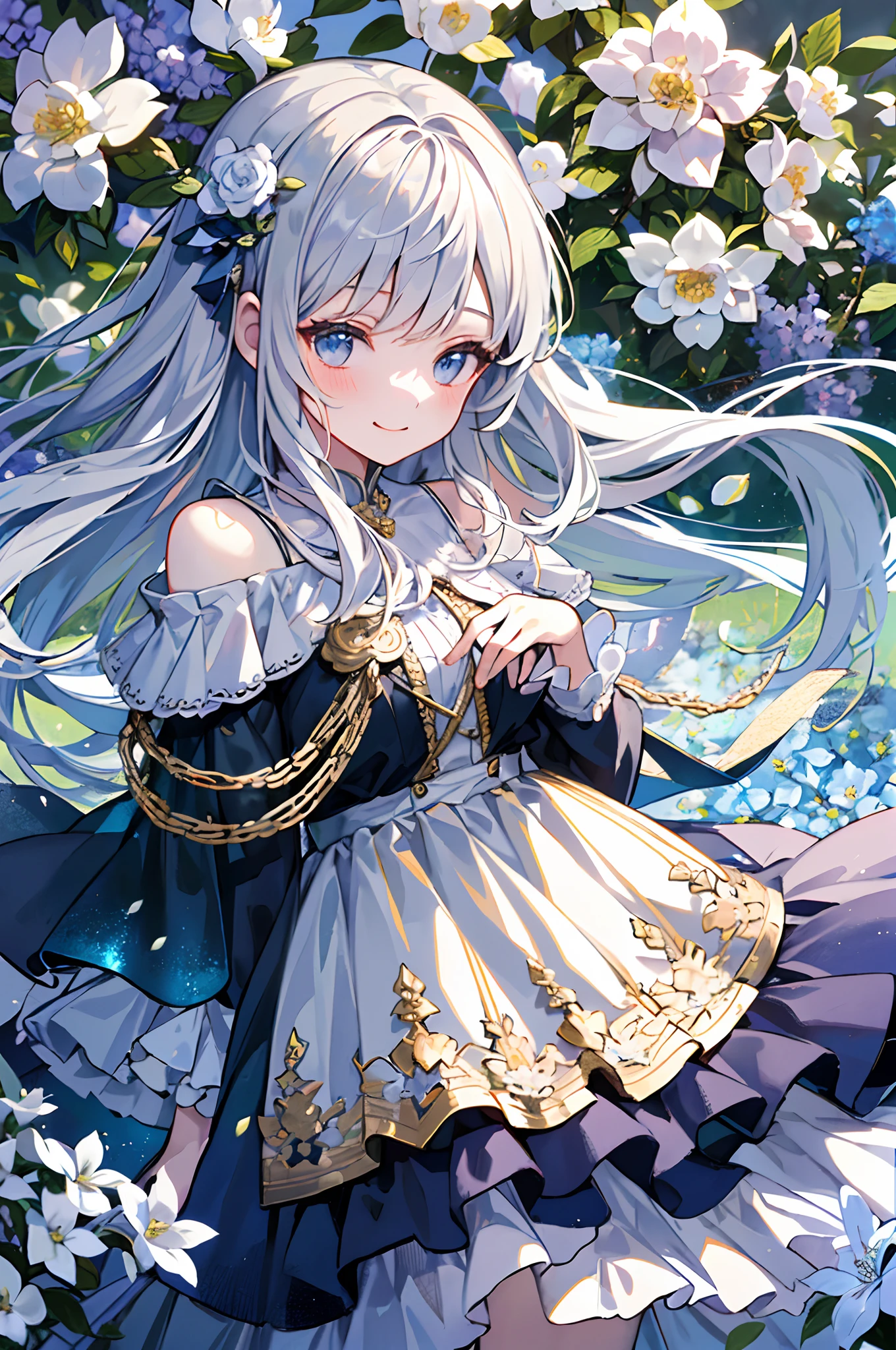 (​masterpiece、top-quality、illustratio、Extremely high quality、high-level image quality、Extremely sensitive writing)Girl with long silver hair standing in beautiful flowery garden、A slight smile、She has a large bouquet、Cute national costume style dress with ruffles on the shoulders、Hair fluttering in the wind