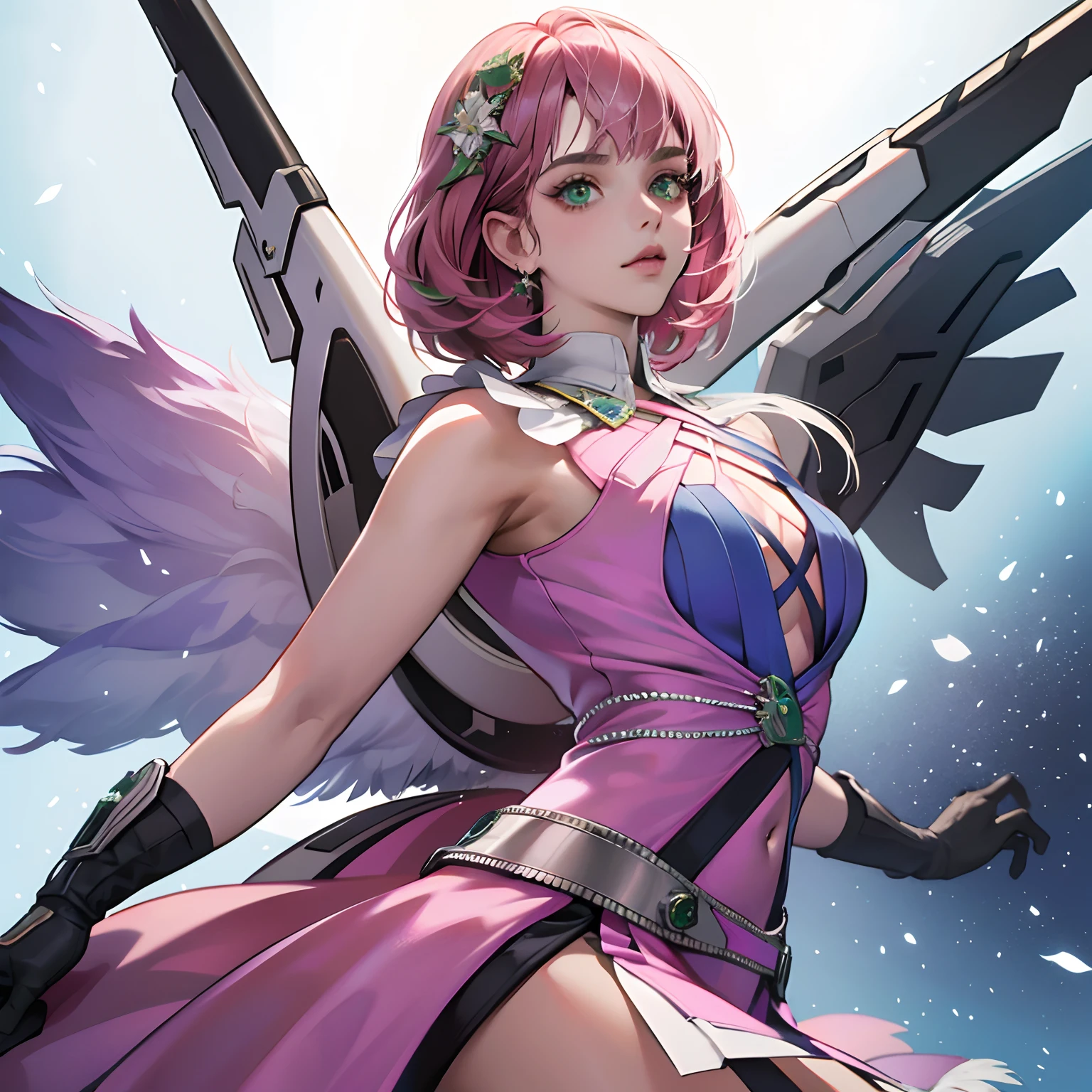 Alisa Rosto bonito, Symmetrical perfect green eyes, cabelo curto rosa multicor, mechanical wings, Tekken, SFW, master part, delicado, elegante, best quality, circunstanciado, circunstanciado, colorido, detalhes intrincados