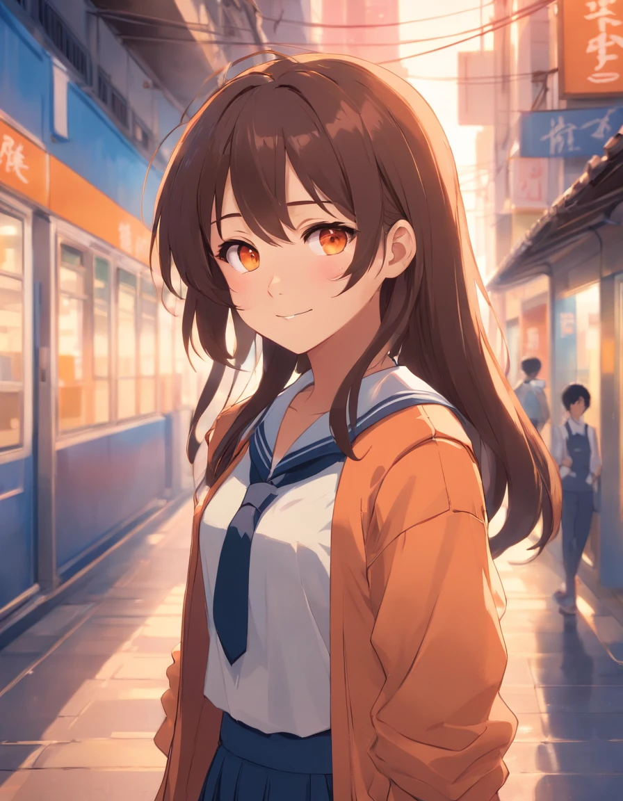 Masterpiece, Best quality, character design, high girl, light Orange eyes, Brunette, long hair, teen, thight school uniform, slithly smilling, dark skin color, spanish