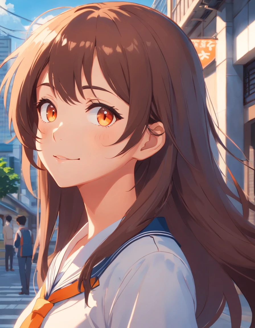 Masterpiece, Best quality, character design, high girl, light Orange eyes, Brunette, long hair, , thight school uniform, slithly smilling, dark skin color, spanish