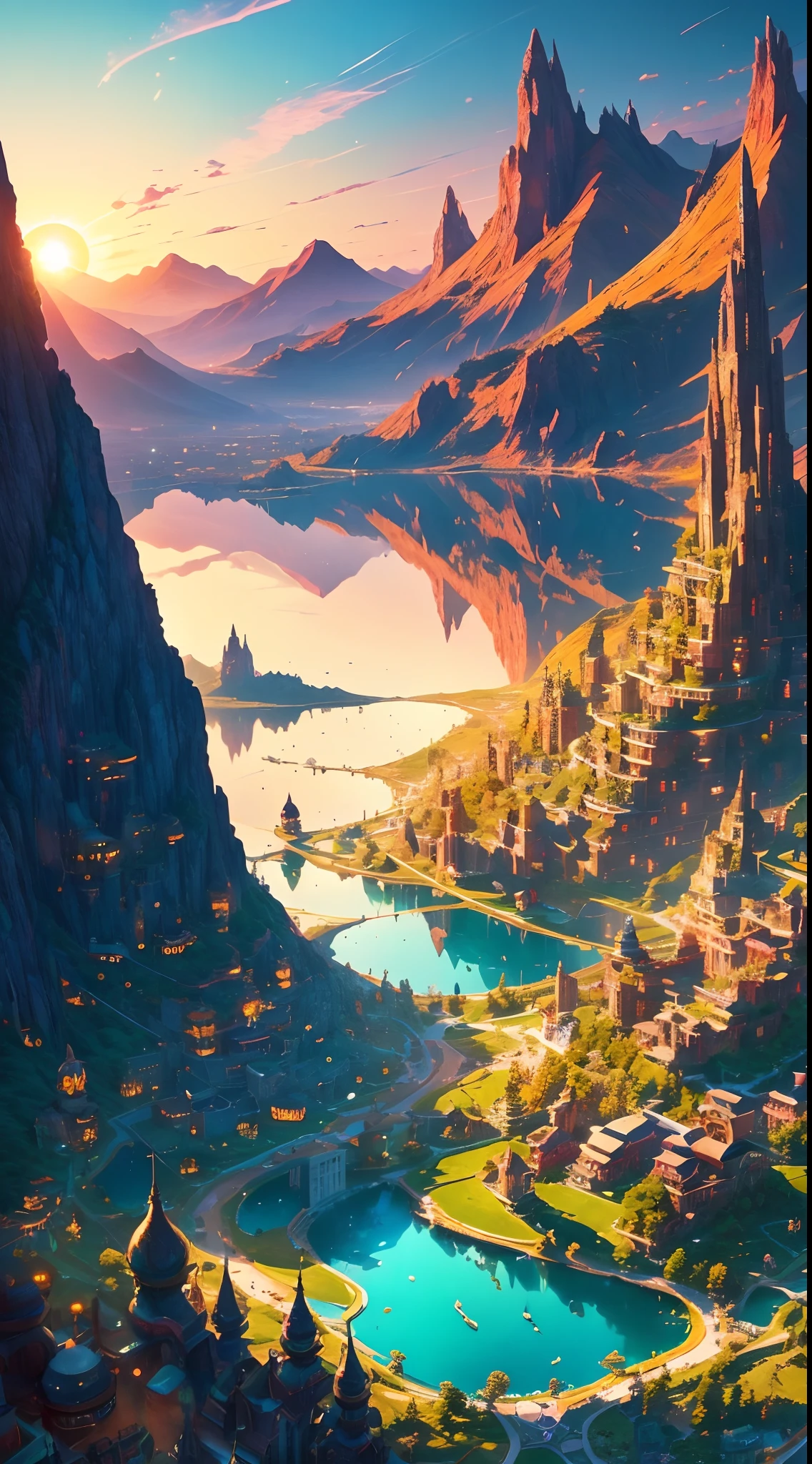 abstracted,scenic,Dazzle,a color,sci-fy,buliding,scenecy,kosmos,galactic,lake,城市,lawns,mountain ranges,the setting sun,baiyun,blue-sky,psychedelia,big breasts beautiful,shock,lamplight