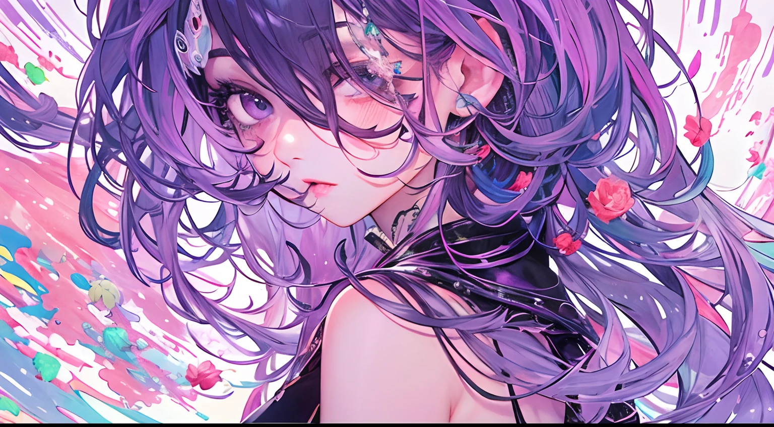 masterpiece、top-quality、ultra-detailliert、Official art、Beautifully Aesthetic、1girl in、glitch art:1.5、colourfull:1.5、purple color hair、Long、a purple eye