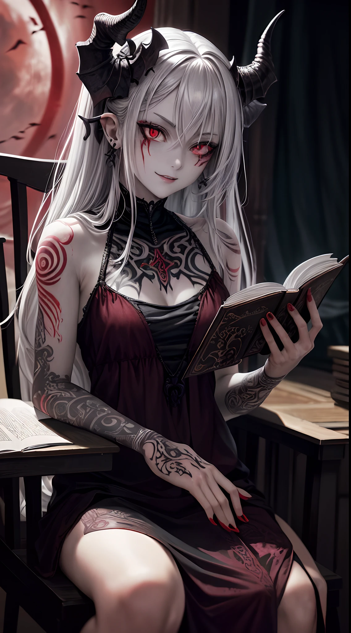 (Masterpiece: 1.2, best quality), (best lighting, very delicate and beautiful), (best lighting, very delicate and beautiful), (beautiful detailed face), (detailed eyes and detailed face: 1.2), dark fantasy, ((Style Swirl Magic: 0.8) girl, little beast, 1girl, solo, crazy smile, pale skin,((Big tattoo with all over the body , Tribal tattoo all over leg)),piercing,gray hair, glowing red eyes, ((The shape of the pupils of the left and right black eyes is different))dynamic angle, vampire), (In the room, sitting in a chair and reading a book cross-legged), (red moon, red sky), pointy_ears, fangs, demon wings, demon horns, blood on the face, blood rain, blood mist, (depth of field), high contrast, (blood splash: 1.4), cowboy shot, Full body, nightgown, and gaze away