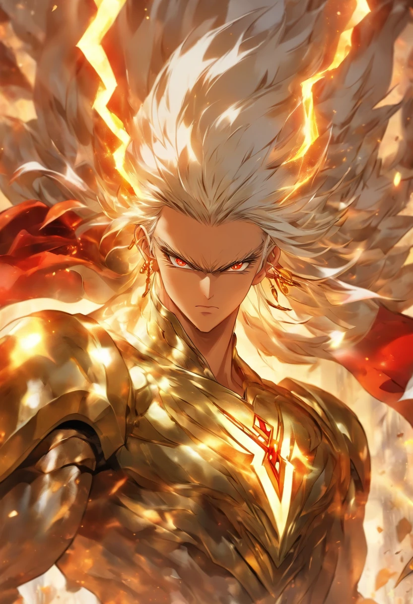 a male anime character with white hair and red eyes, character album cover, full art, antasy character, full art illustration, full portrait of elementalist, character profile art, official character art, official character illustration, merlin, high detailed official artwork, game key art, omoide emanon, oz, mobile game art, fangs, smurk, white hair, no shirt, muscular body, walking pose, white clothes, gold armor on the arms