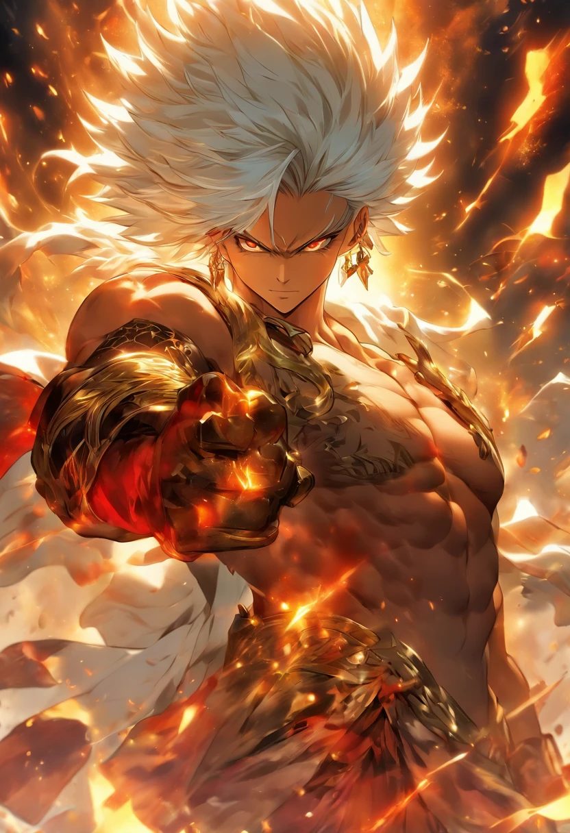 a male anime character with white hair and red eyes, character album cover, full art, antasy character, full art illustration, full portrait of elementalist, character profile art, official character art, official character illustration, merlin, high detailed official artwork, game key art, omoide emanon, oz, mobile game art, fangs, smurk, white hair, no shirt, muscular body, walking pose, white clothes, gold armor on the arms