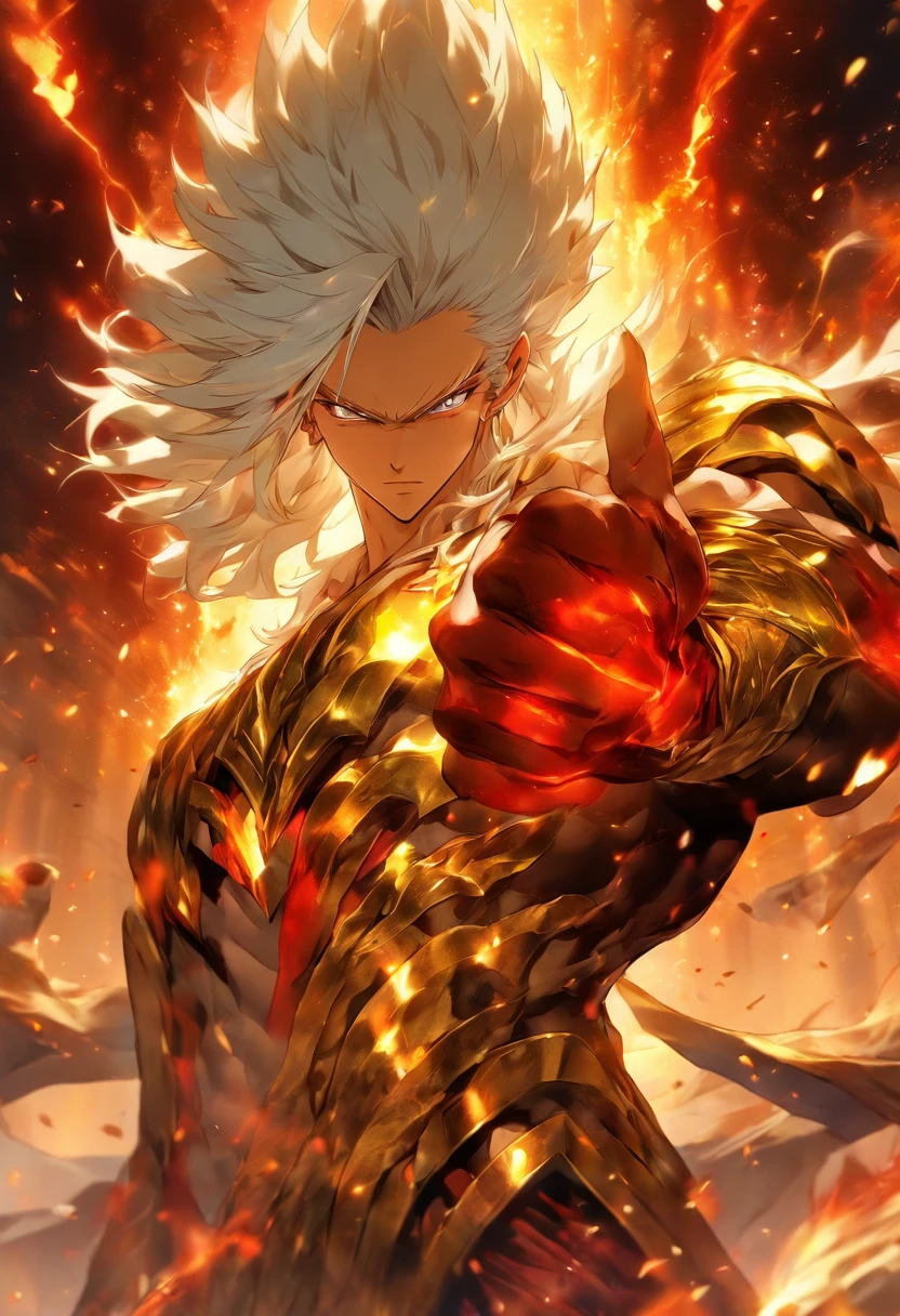 a male anime character with white hair and red eyes, character album cover, full art, antasy character, full art illustration, full portrait of elementalist, character profile art, official character art, official character illustration, merlin, high detailed official artwork, game key art, omoide emanon, oz, mobile game art, fangs, smurk, white hair, no shirt, muscular body, walking pose, white clothes, gold armor on the arms