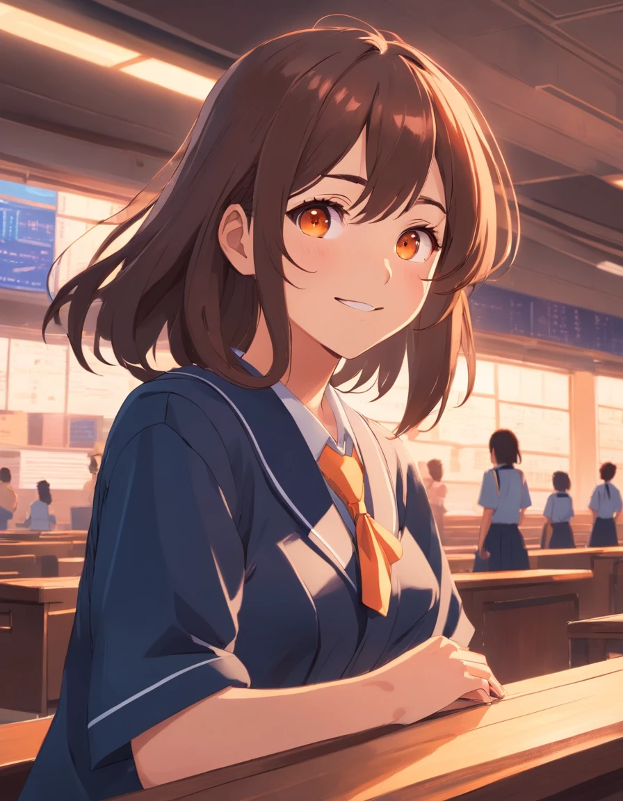 Masterpiece, Best quality, character design, high girl, light Orange eyes, Brunette, long hair, , thight school uniform, slithly smilling, Black skin, spanish