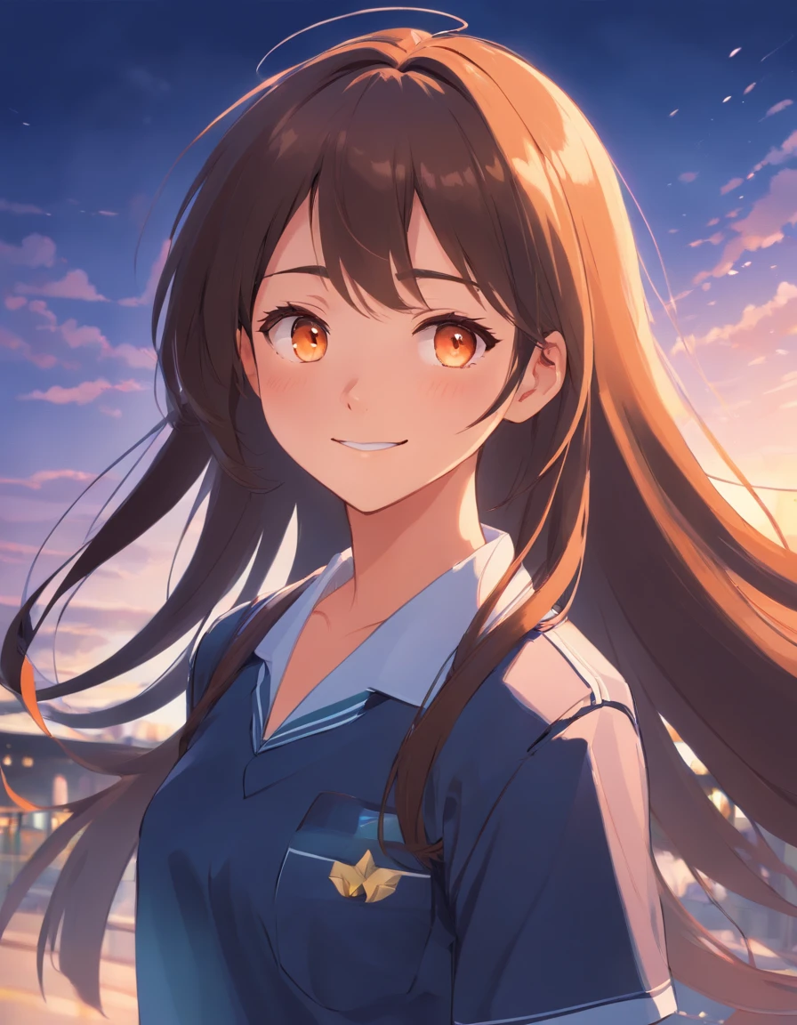 Masterpiece, Best quality, character design, high girl, light Orange eyes, Brunette, long hair, teen, thight school uniform, slithly smilling, Black skin, spanish