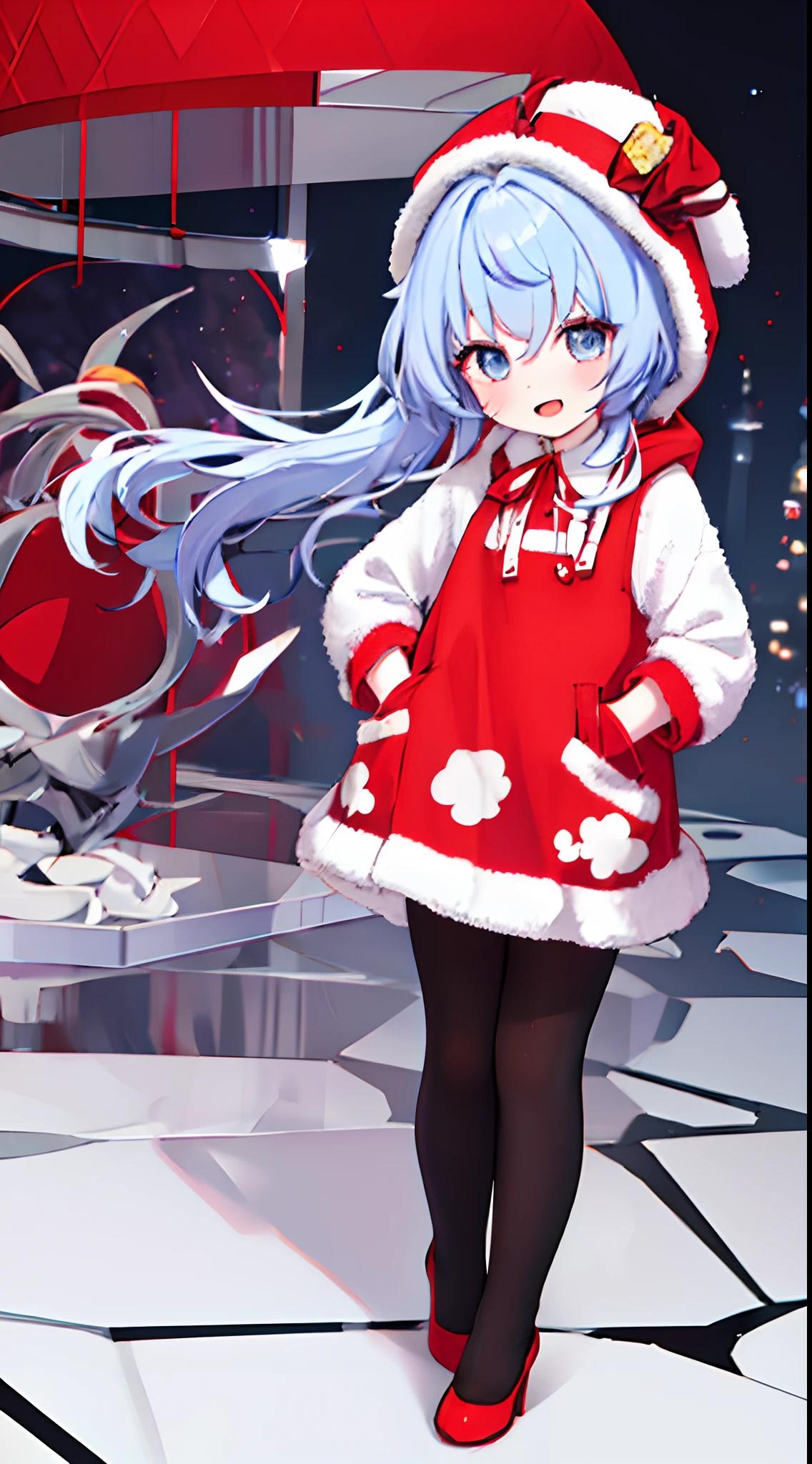 1girll, Solo, whaite hair, Blue eyes, Short hair,White hair,High hat, shirt, Open mouth, Smile, red colour,Wear a red ta dress。Red tight dress,Hood, Jacket, view the viewer, kazami yuuka, Long sleeves, bangs,shorter pants,black pantyhoses,Hand in pocket,high-heels,dynamicposes,leaning-forward,Full body photo