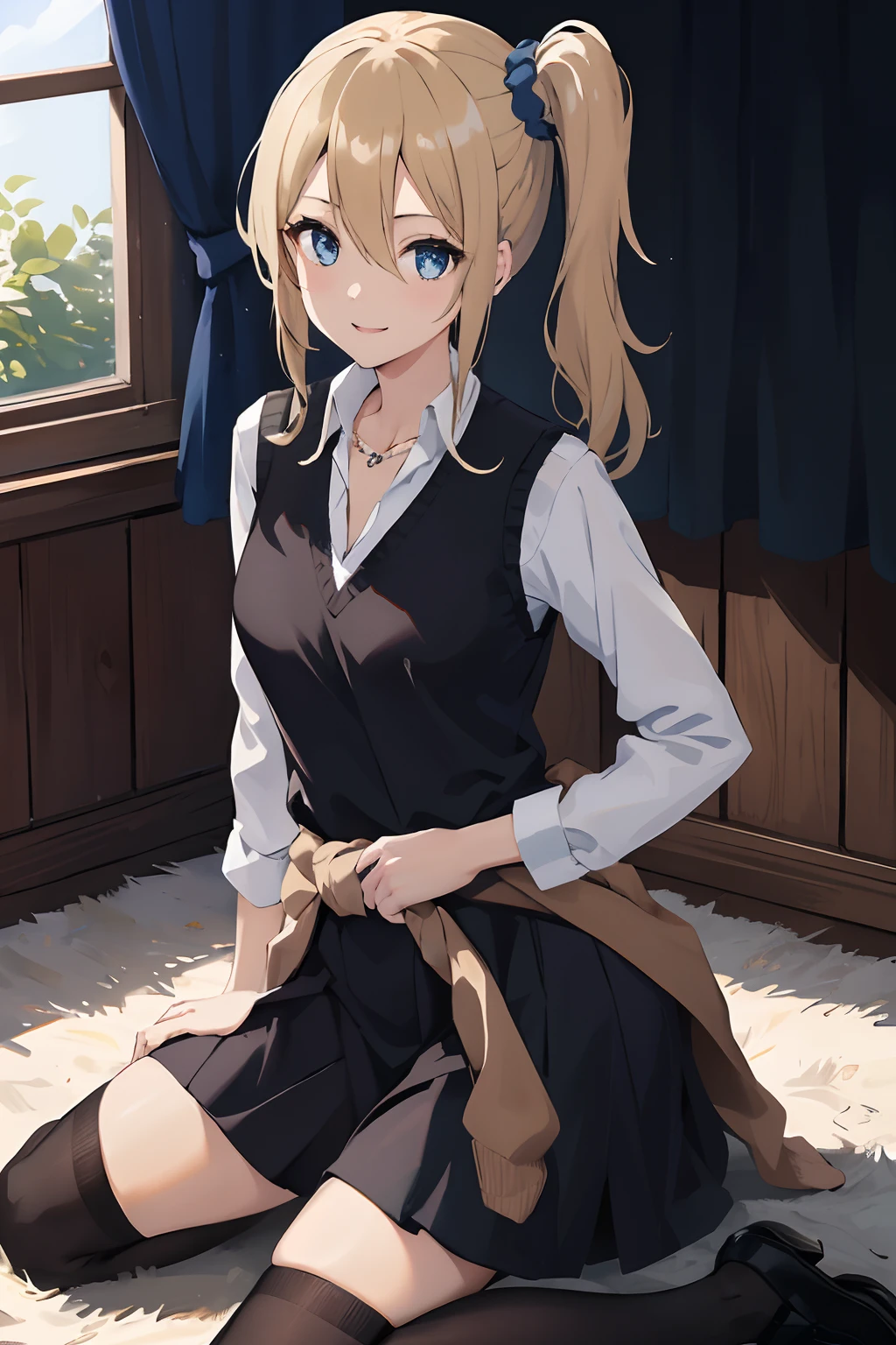 masuter piece, Best Quality, hight resolution, 1girl in, Solo, hayasaka ai, Smile,Blue scrunchie, Side Ponytail, hair between eye, Blue eyes, Blonde hair, Hair Ornament, breasts, School uniform, Collared shirt, hair scrunchie, clothes around waist, Bangs, Black socks, Black vest, Long hair, Long sleeves, Cardigan, side locks, knee high, dress shirts, Necklace, 鎖骨, Black Dress, Jewelry, Sweaters,