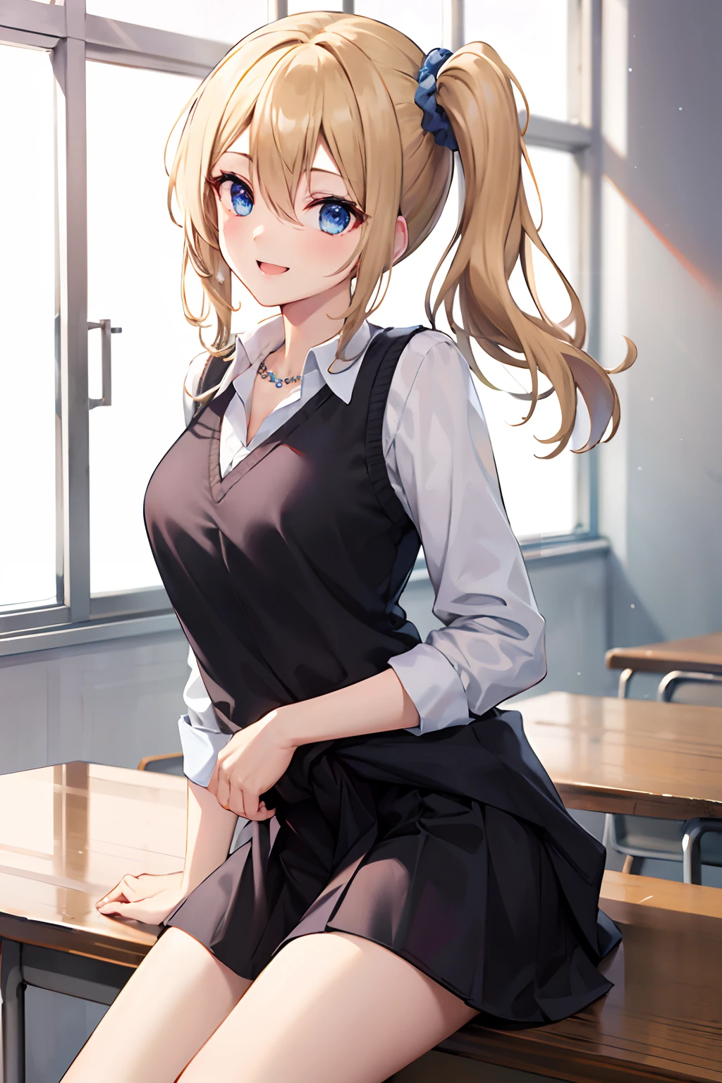 masuter piece, Best Quality, hight resolution, 1girl in, Solo, hayasaka ai, Smile,Blue scrunchie, Side Ponytail, hair between eye, Blue eyes, Blonde hair, Hair Ornament, breasts, School uniform, Collared shirt, hair scrunchie, clothes around waist, Bangs, Black socks, Black vest, Long hair, Long sleeves, Cardigan, side locks, knee high, dress shirts, Necklace, 鎖骨, Black Dress, Jewelry, Sweaters,