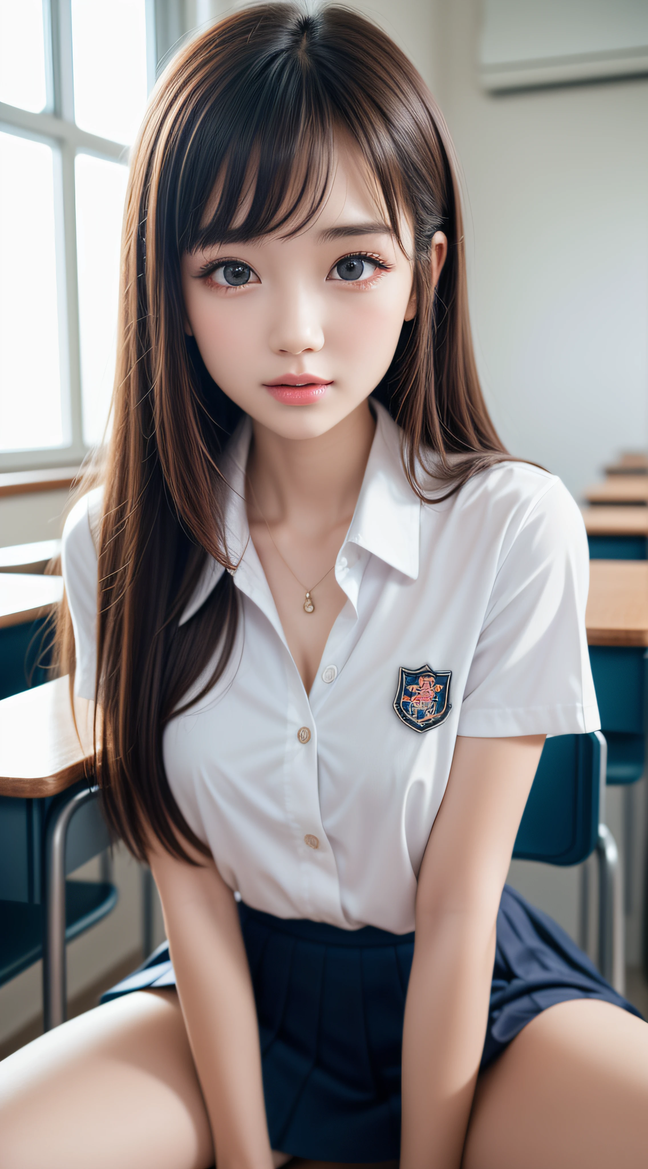 (1ung girl), extremely beautiful, extremely cute, ((visible vagina)) ,Amazing face and eyes, makeup, (extremely detailed beautiful face), High school uniform, mini skirt, (High school uniform wide open breasts), Beautiful tiny breasts, (Best Quality:1.4), (Ultra-detailed), (extremely detailed CG unified 8k wallpaper), Highly detailed, raw photos, visible vagina , Professional Photography, cinematic lighting, indoor, School, classroom, sitting, spread legs wide open, (:1.4), (Bokeh), depth of fields,