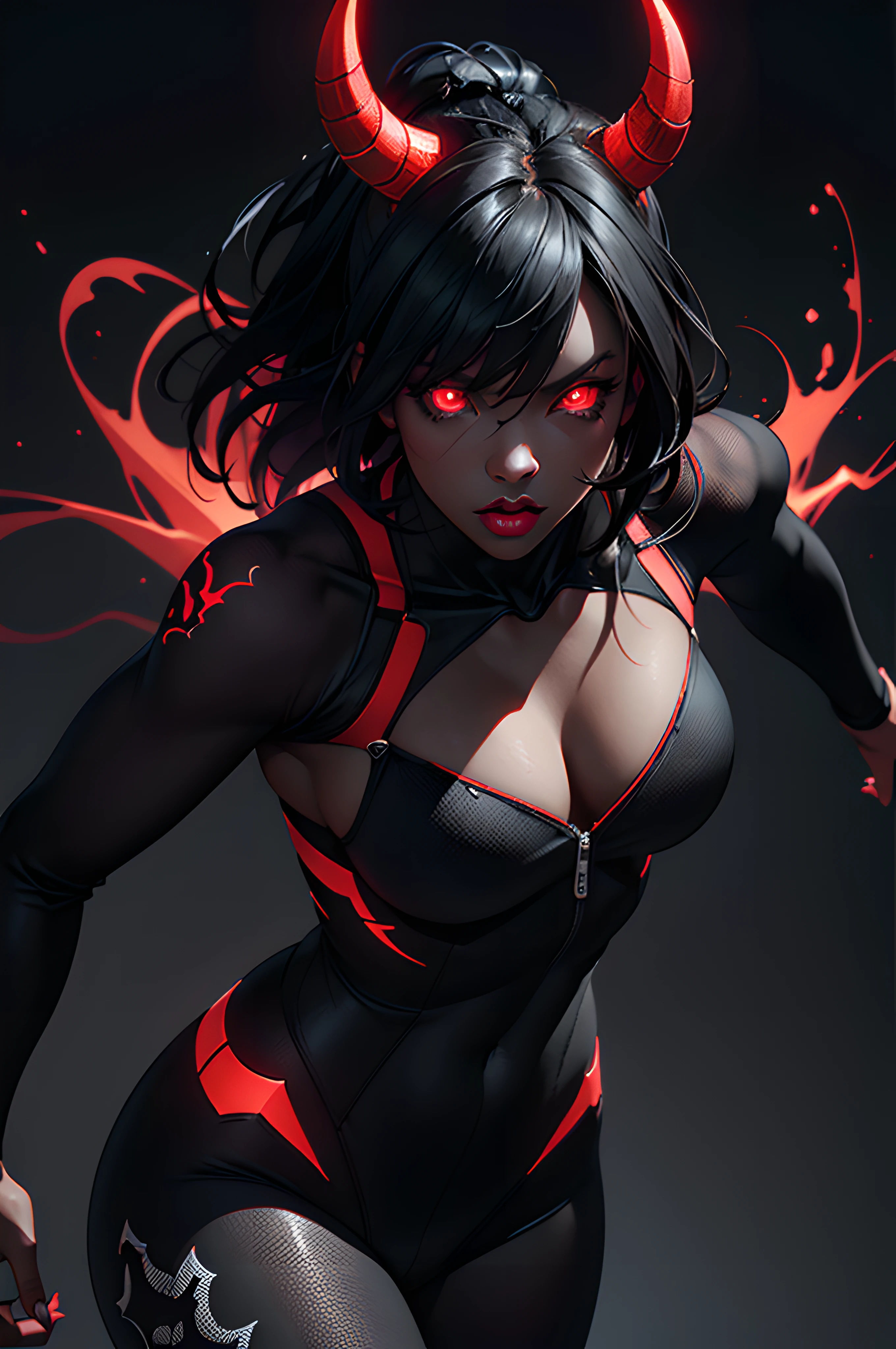female demon, black background, red energy magic, red glowing eyes, black skin, dynamic pose, kawaii, fit build, gorgeous perfect face, in the style of realistic and hyper detailed renderings, zbrush, hyper realistic oil, contoured shading, dark scene, darkness