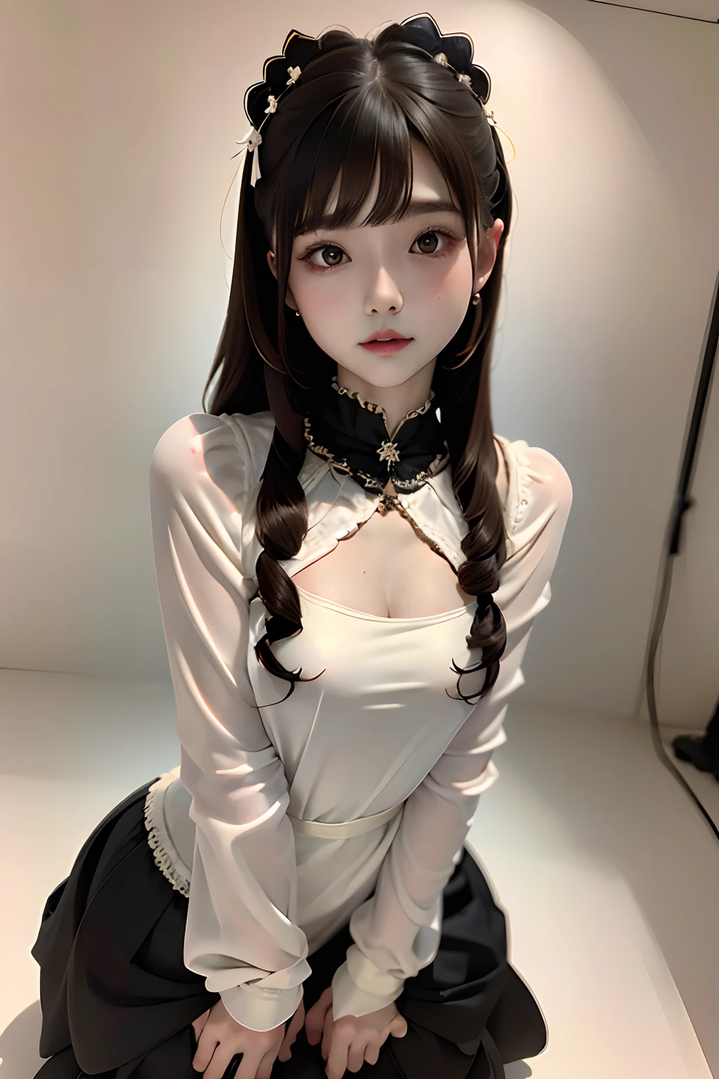 parfect anatomy、top-quality、masuter piece、ultra-detailliert、8k、Correct depiction of the human body、Full Body Angle、Delicately drawn face、Detailed eyes,Beautiful eyes、Infinitely clear eyes、Pretty face woman、Gothic ta Fashion、Black Gothic Loliashion、Black and white costume、Beautiful silky silver hair:1.5、Red big hair ornament、Red ribbon hair ornament、Red big hair ornament、small tits、Standing、Front Angle、Full Body Angle、(((blurry backround:1.5、Photography Studio、greybackground:1.5、greybackground、greybackground、greybackground、greybackground、Film Lighting、Professional Photographer)))