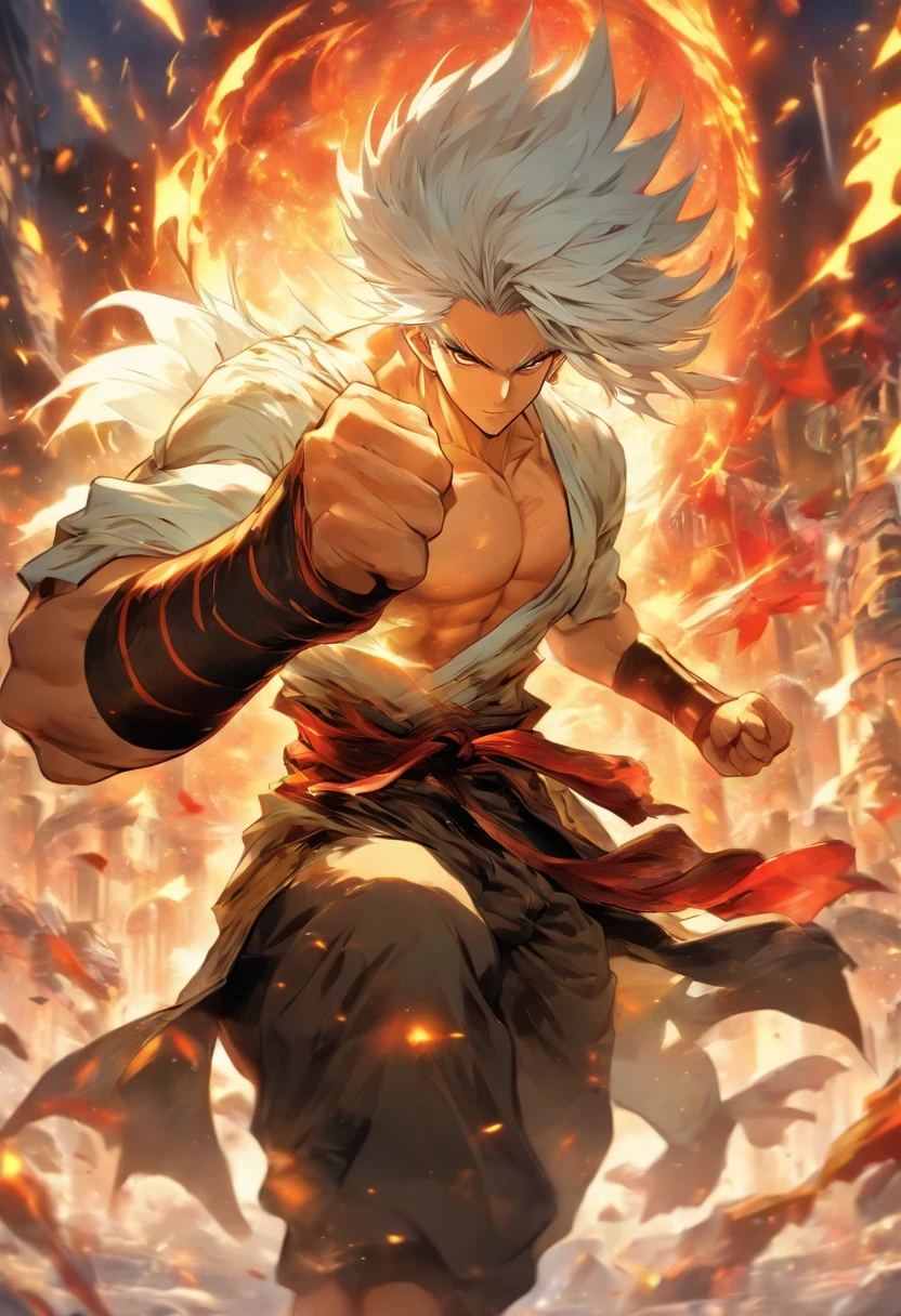 a male anime character with white hair and red eyes, character album cover, full art, antasy character, full art illustration, full portrait of elementalist, character profile art, official character art, official character illustration, merlin, high detailed official artwork, game key art, omoide emanon, oz, mobile game art, fangs, smurk, white hair, no shirt, muscular body, walking pose, white clothes, gold armor on the arms, karate baggy pants, white clothes on the around the waste.