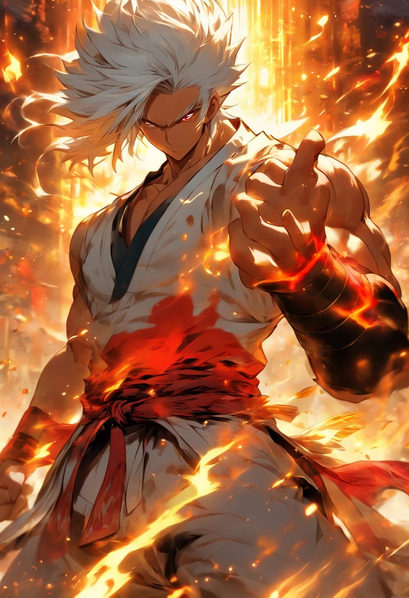 a male anime character with white hair and red eyes, character album cover, full art, antasy character, full art illustration, full portrait of elementalist, character profile art, official character art, official character illustration, merlin, high detailed official artwork, game key art, omoide emanon, oz, mobile game art, fangs, smurk, white hair, no shirt, muscular body, walking pose, white clothes, gold armor on the arms, karate baggy pants, white clothes on the around the waste.