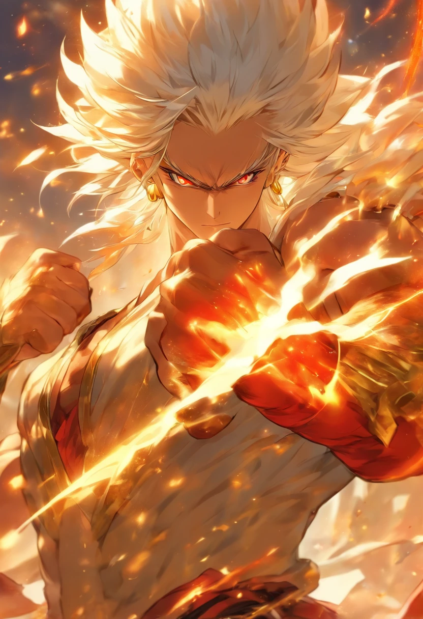 a male anime character with white hair and red eyes, character album cover, full art, antasy character, full art illustration, full portrait of elementalist, character profile art, official character art, official character illustration, merlin, high detailed official artwork, game key art, omoide emanon, oz, mobile game art, fangs, smurk, white hair, no shirt, muscular body, walking pose, white clothes, gold armor on the arms, karate baggy pants, white clothes on the around the waste.