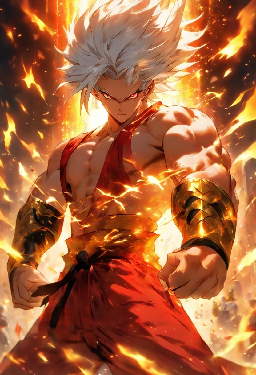 a male anime character with white hair and red eyes, character album cover, full art, antasy character, full art illustration, full portrait of elementalist, character profile art, official character art, official character illustration, merlin, high detailed official artwork, game key art, omoide emanon, oz, mobile game art, fangs, smurk, white hair, no shirt, muscular body, walking pose, white clothes, gold armor on the arms, karate baggy pants, white clothes on the around the waste.