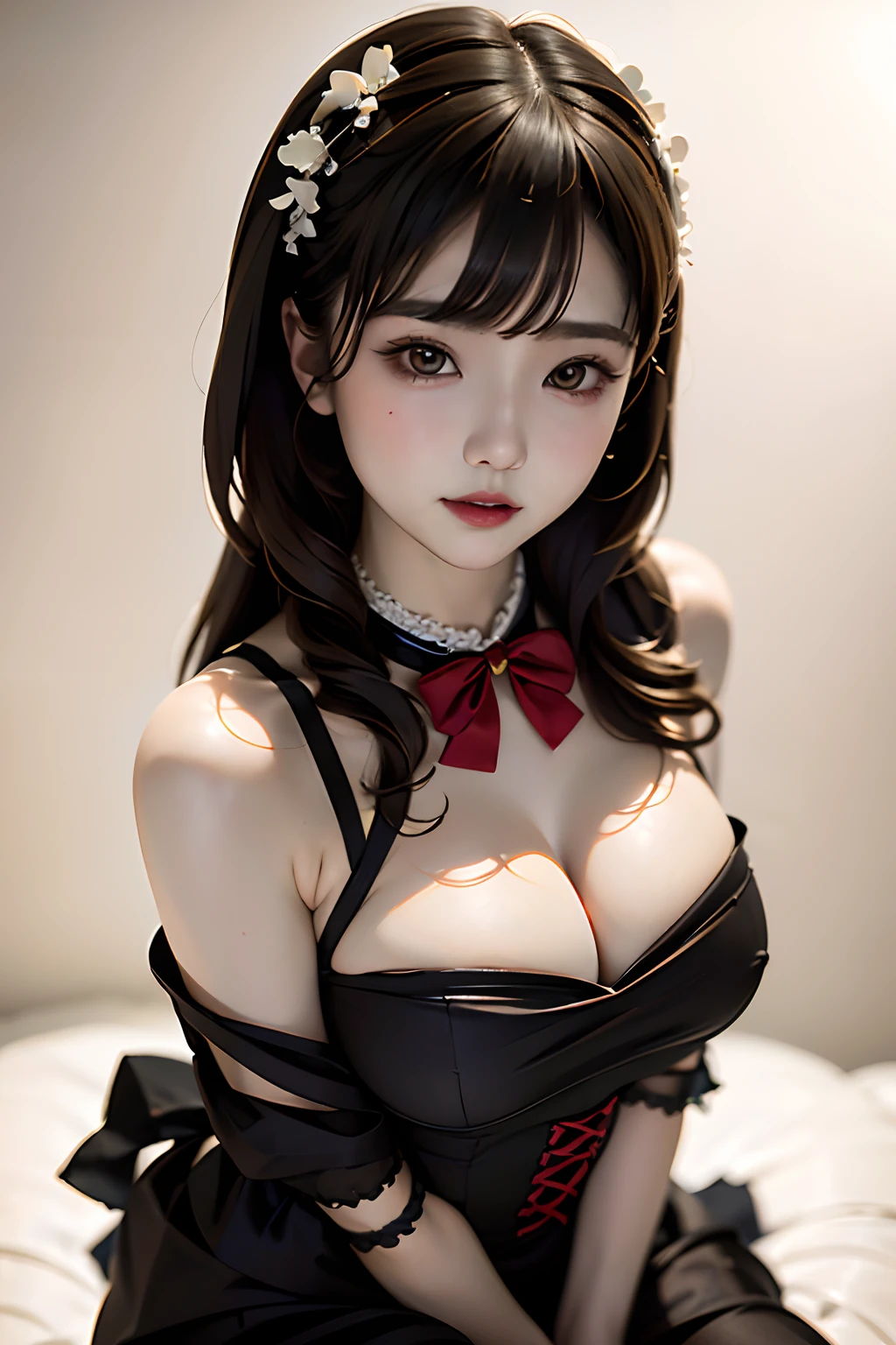parfect anatomy、top-quality、masuter piece、ultra-detailliert、8k、Correct depiction of the human body、Full Body Angle、Delicately drawn face、Detailed eyes,Beautiful eyes、Infinitely clear eyes、Pretty face woman、Gothic ta Fashion、Black Gothic Loliashion、Black and white costume、Beautiful silky silver hair:1.5、Red big hair ornament、Red ribbon hair ornament、Red big hair ornament、small tits、Standing、Front Angle、Full Body Angle、(((blurry backround:1.5、Photography Studio、greybackground:1.5、greybackground、greybackground、greybackground、greybackground、Film Lighting、Professional Photographer)))