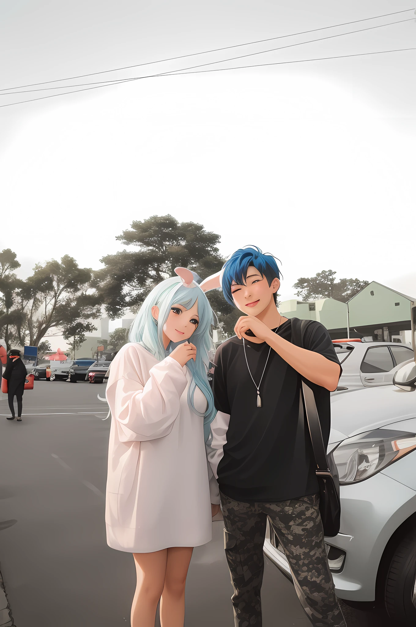 two couple standing next to each other in a parking lot, high res, girl with blue hair, anime style mixed with fujifilm, with bunny ears, cosplayer, with big rabbit ears, couple romance, hust hand each other, depth of view, sun glare, parking lot background.