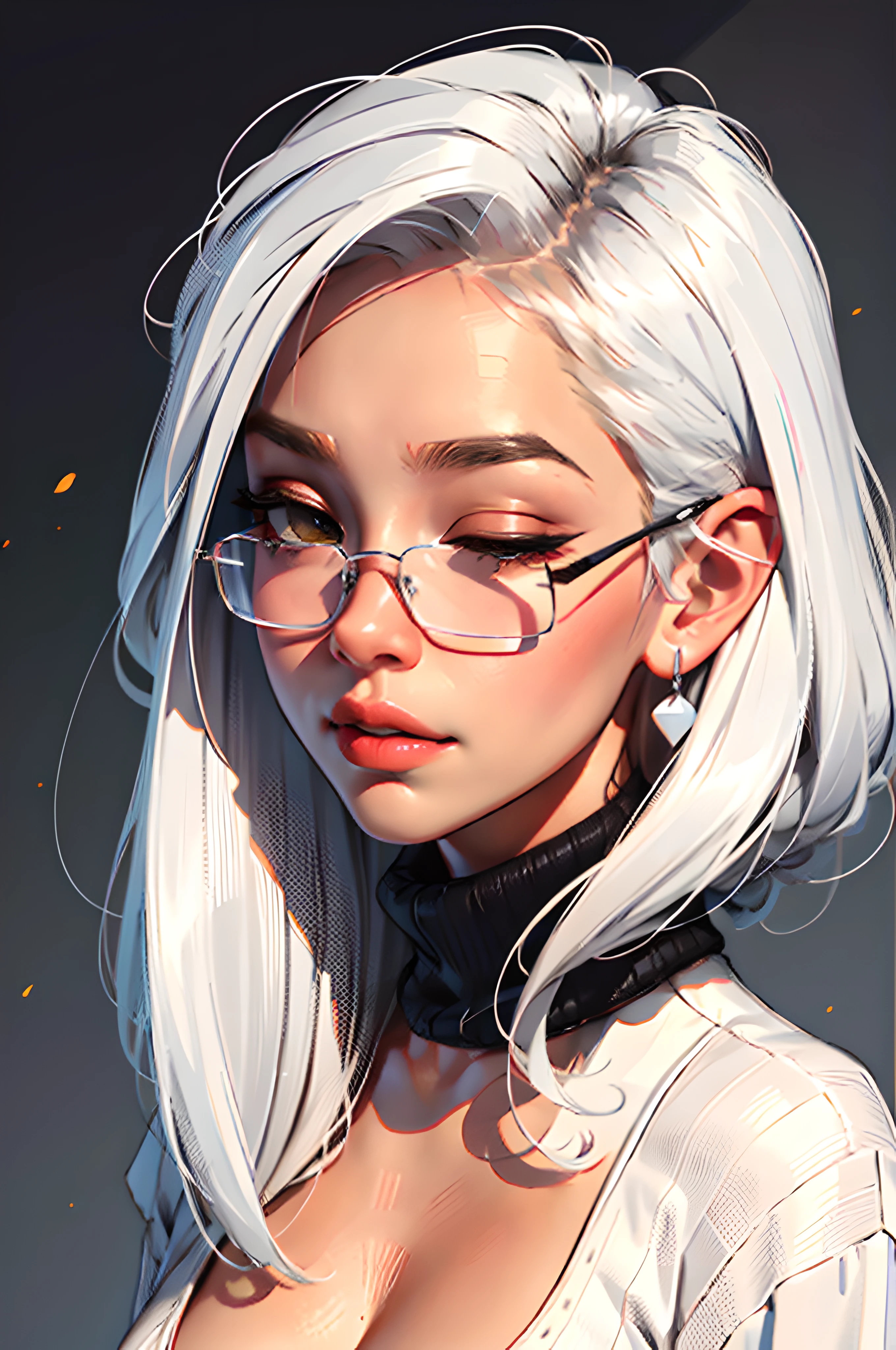 Color: pastel colours,
Sam Young, Close-up of 1 girl in sweater, with a high collar, ((hid her face under the collar)), With your eyes closed, with white hair, (Hair develops upwards), earings, sweater, portraite of a, 独奏, ((tmasterpiece)) Simple background, long sleeves, upper-body, eyeglasses, flat color, ((Looks to the side)).