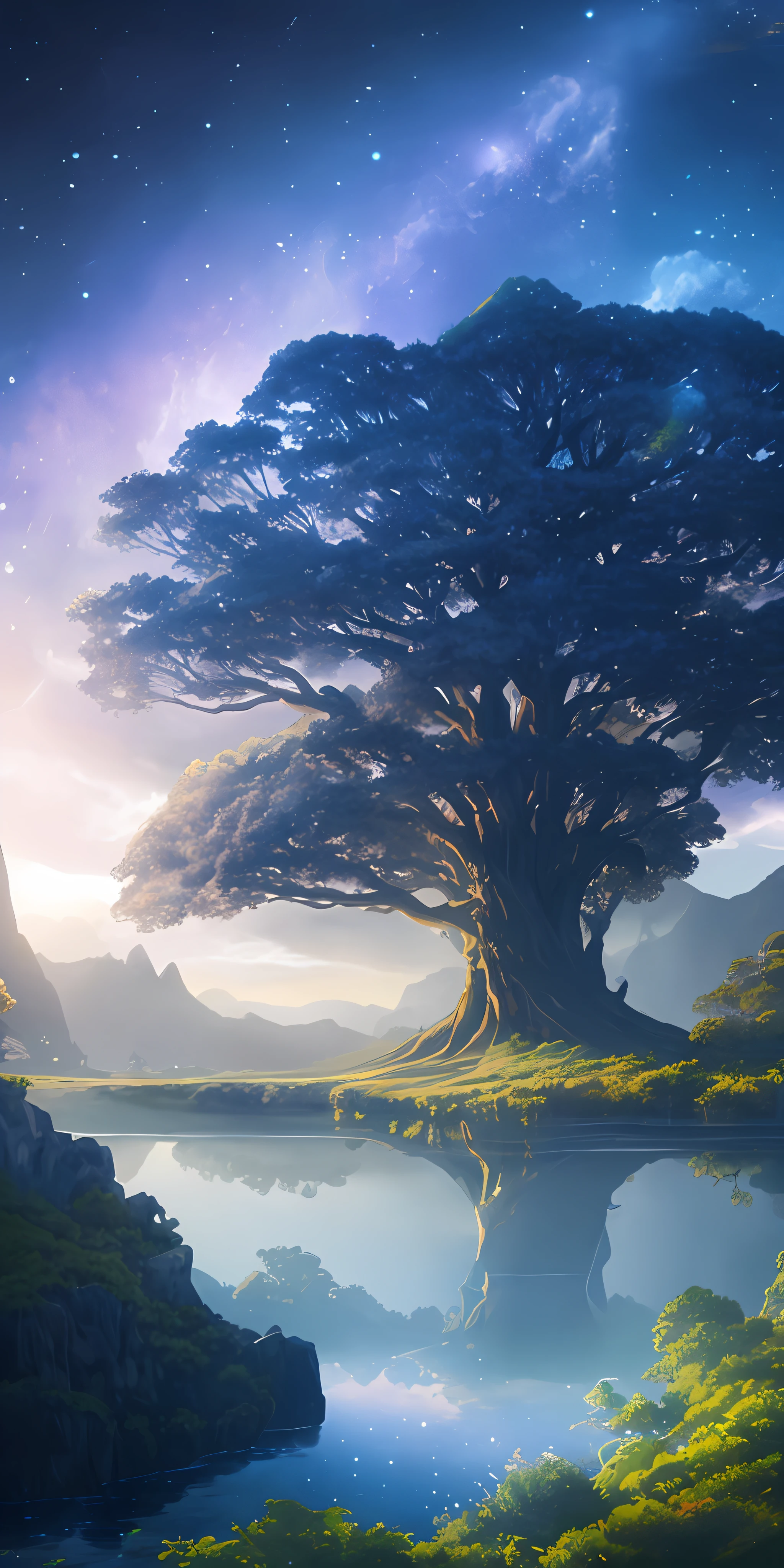 Illustration of a surreal, otherworldly, hyper sky scene including a giant crystal tree full body, highly detailed and magical lighting, intricate forest details, vegetation and surrounding river, solar punk, landscape, giant tree , beautiful green leaves, beautiful lighting and realistic proportions, as if this is a movie background, 8k, highest quality, masterpiece, clouds and stars in the sky.