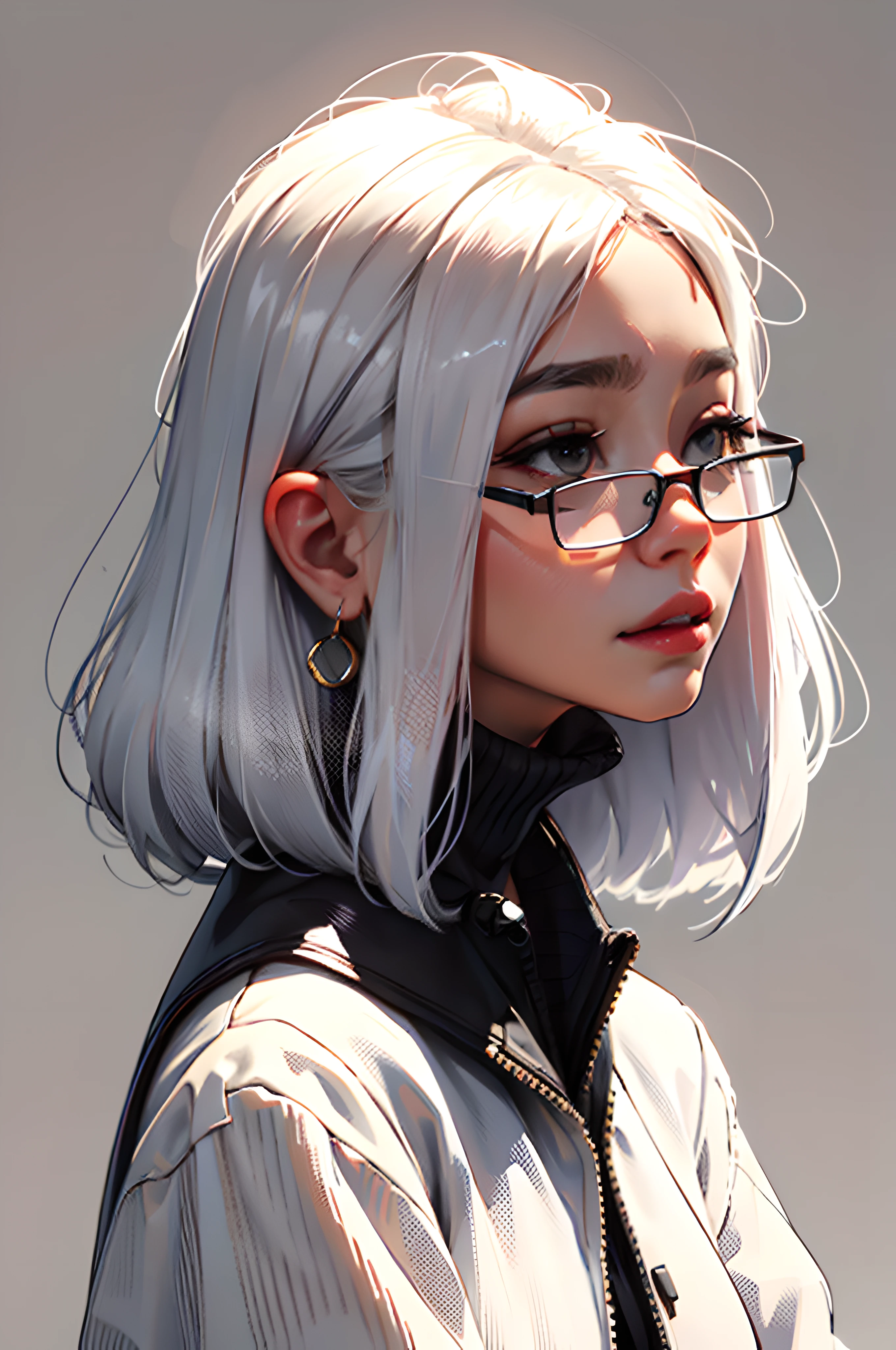 Color: pastel colours, 
Sam Young, Close-up of 1 girl in sweater, with a high collar, ((hid her face under the collar)), With your eyes closed, with white hair, (Hair develops upwards), earings, sweater, portraite of a, 独奏, ((tmasterpiece)) Simple background, long sleeves, upper-body, eyeglasses, flat color, ((Looks to the side)).
