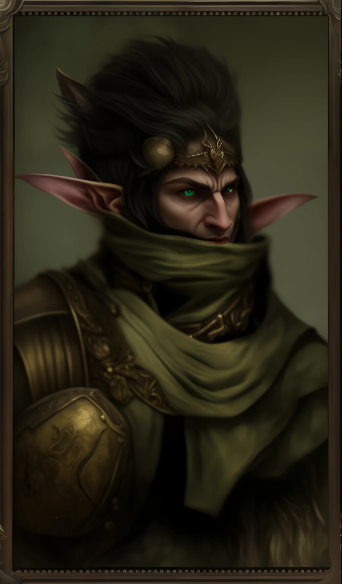 masterpiece, high quality, detailed photo, forest elf king, green cloth armor, black hair, battle facepaint, detailed face, detailed cloth, (symmetrical ears:1.5), detailed (elf ears), angry elf face, old aged elf, high elf, royal forest elf king, detailed body, baldur's gate character portrait, dnd avatar portrait of elf, portrait of a elf, character portrait, portrait of an elf