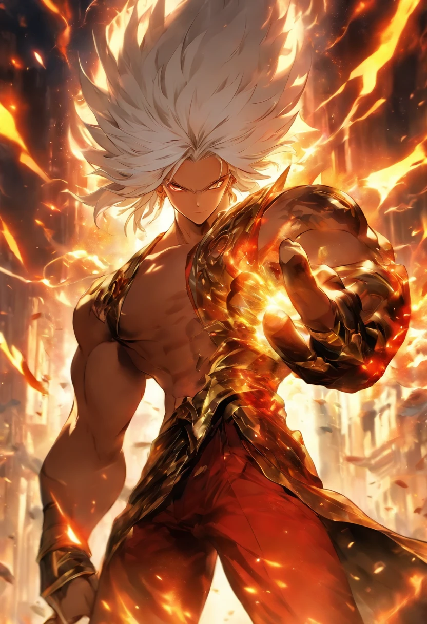 a male anime character with white hair and red eyes, character album cover, full art, antasy character, full art illustration, full portrait of elementalist, character profile art, official character art, official character illustration, merlin, high detailed official artwork, game key art, omoide emanon, oz, mobile game art, fangs, smurk, white hair, no shirt, muscular body, walking pose, white clothes, gold armor on the arms, black pants , white clothes on the around the waste.
