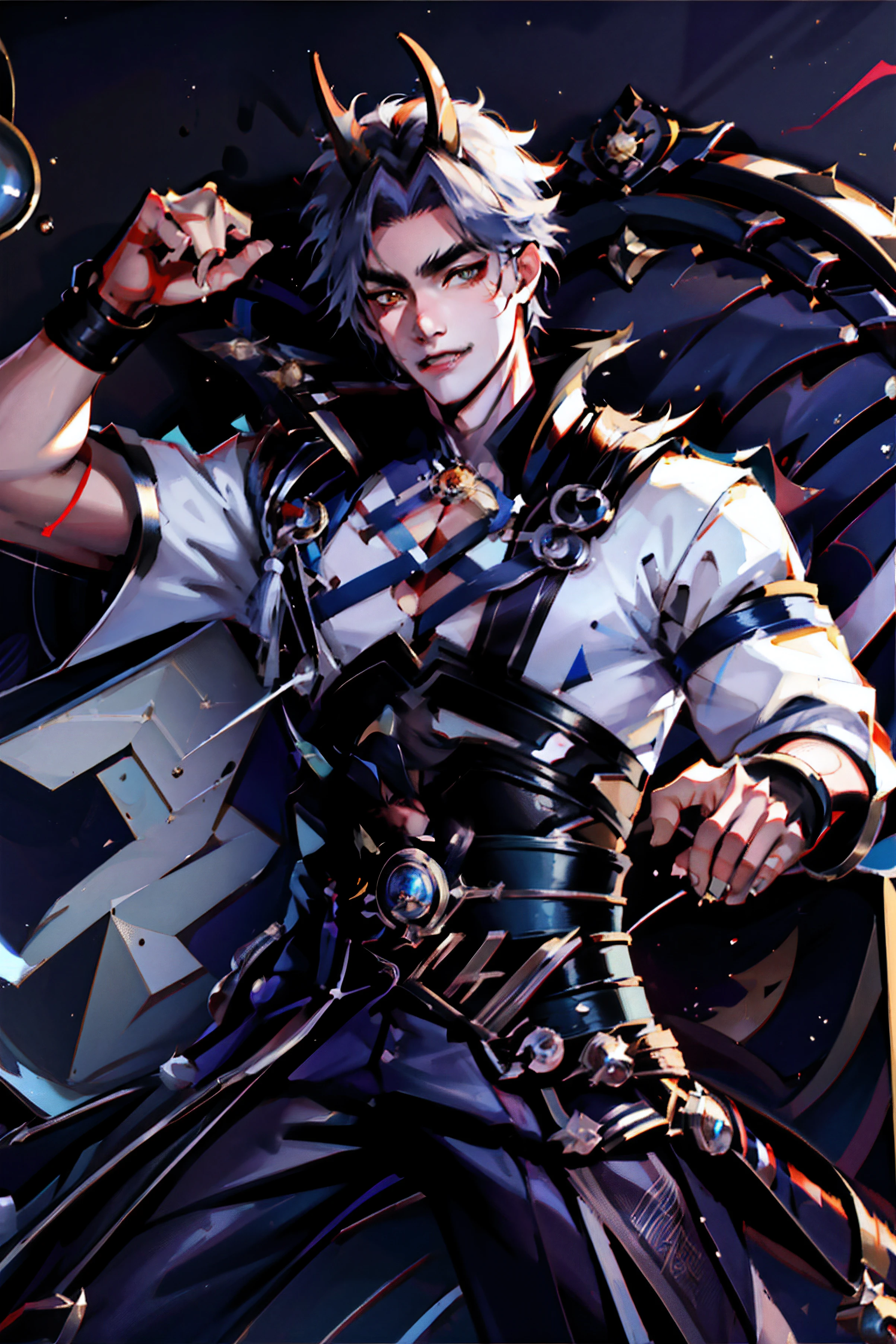 （absurderes，A high resolution，Hyper-detailing，hdr），Ogg Boy of the Dragon，tmasterpiece，best qualtiy，1人，独奏，Handsome，Golden eyes，Fine eyes and detailed face，toppless，Tattooed with，arma，seated on a throne，Indifferent and arrogant，Abs，chest muscle，Raised sexy，Ruffian，Show your temperament，Male，masculine appeal，Male characteristics are distinct，Long messy hair，Arrogant，self-assured，Sitting majestically on the throne，Pondering，Legs crossed，white pantie，supreme，Lazy，Handsome，