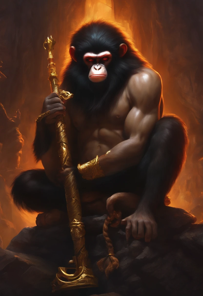 monkey man sitting on a devastated vise, villain, with an evil look, holding a golden staff, wearing pants and no shirt and is barefoot, red eyes, lots of black hair, with monkey tail