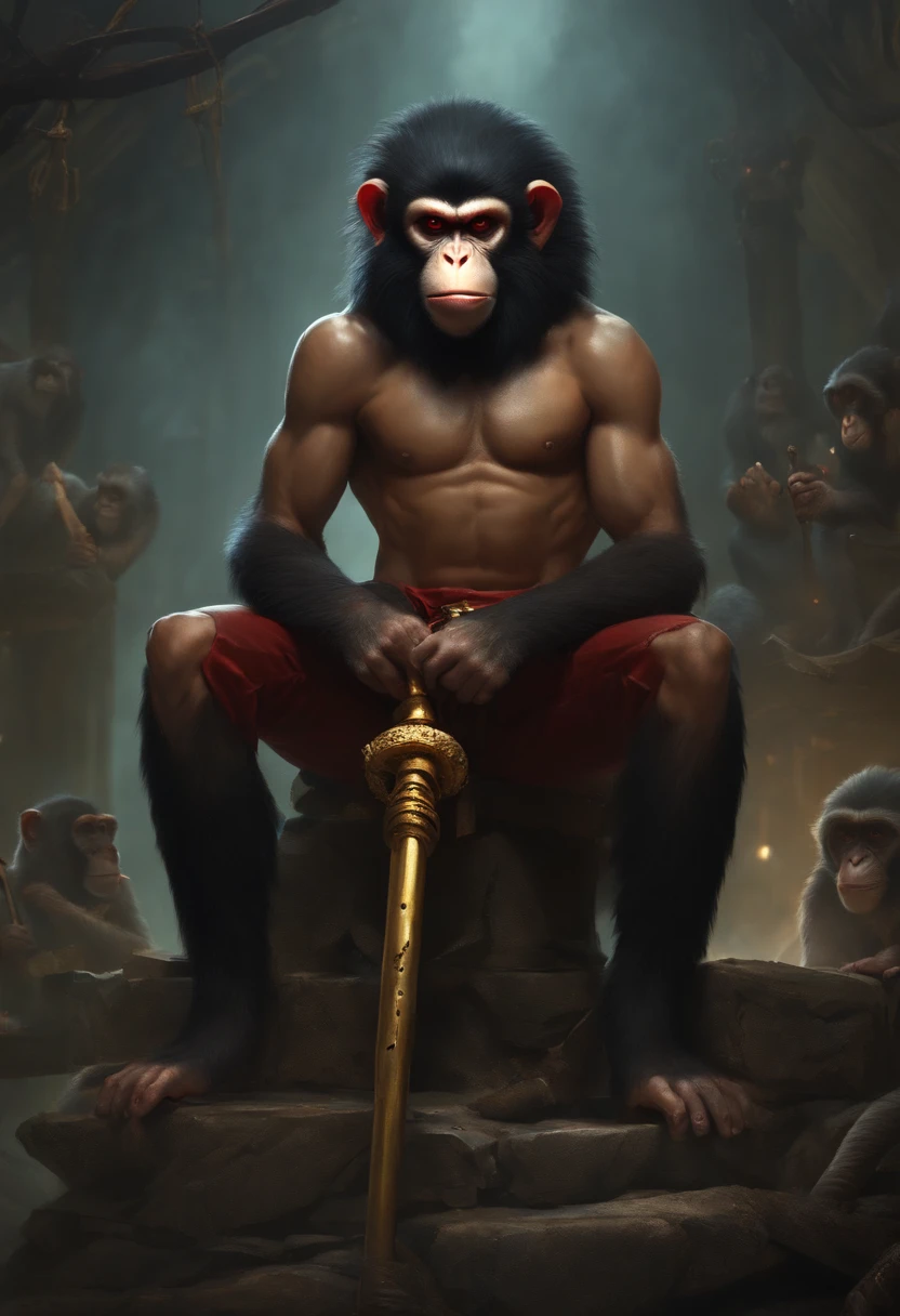 monkey man sitting on a devastated vise, villain, with an evil look, holding a golden staff, wearing pants and no shirt and is barefoot, red eyes, lots of black hair, with monkey tail