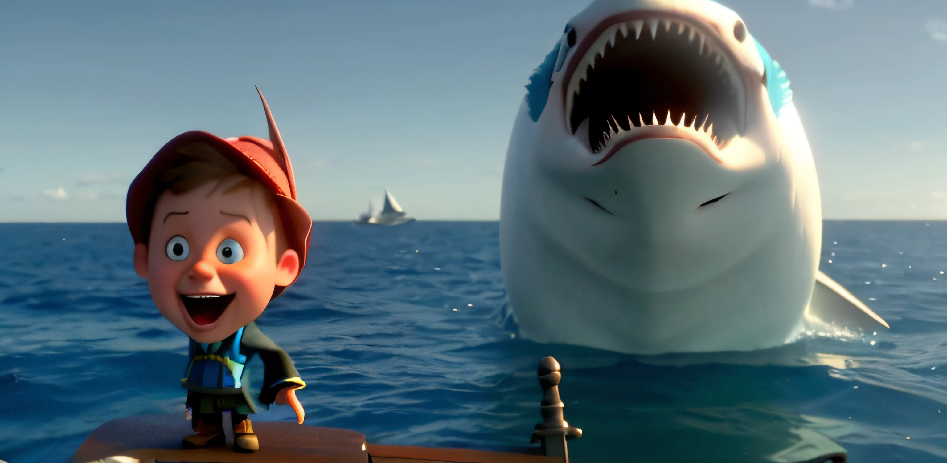 a close up of a cartoon character on a boat near a shark, still from a live action movie, movie, weta disney movie still photo, movie screen shot, scene from live action movie, movie cgi, cgi, animated film, in a tim burton movie, animated movie scene, frame from pixar movie, weta disney pixar, animated movie shot, screenshot from a movie