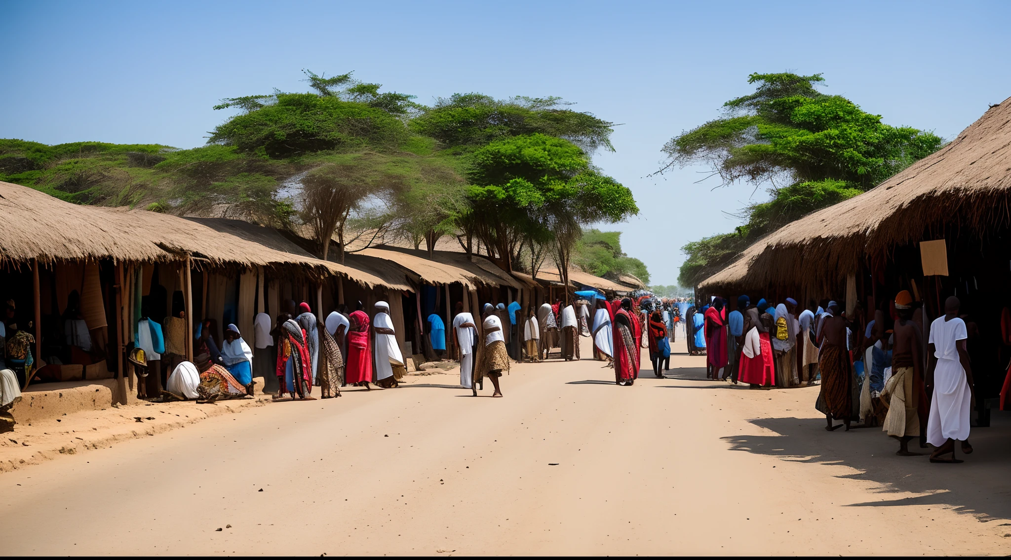view from merchant's street of East Africa, rural, Indian Kulturkreis, busy, entrepot of trade, prosperous, Kilwa or Mombasa or Malindi, shops or stall or bazaar, afternoon, important port on trade routes, 5th century, ancient, no man, no woman, no girl, no boy, no person, no people, no boat, no ship, no asphalt road