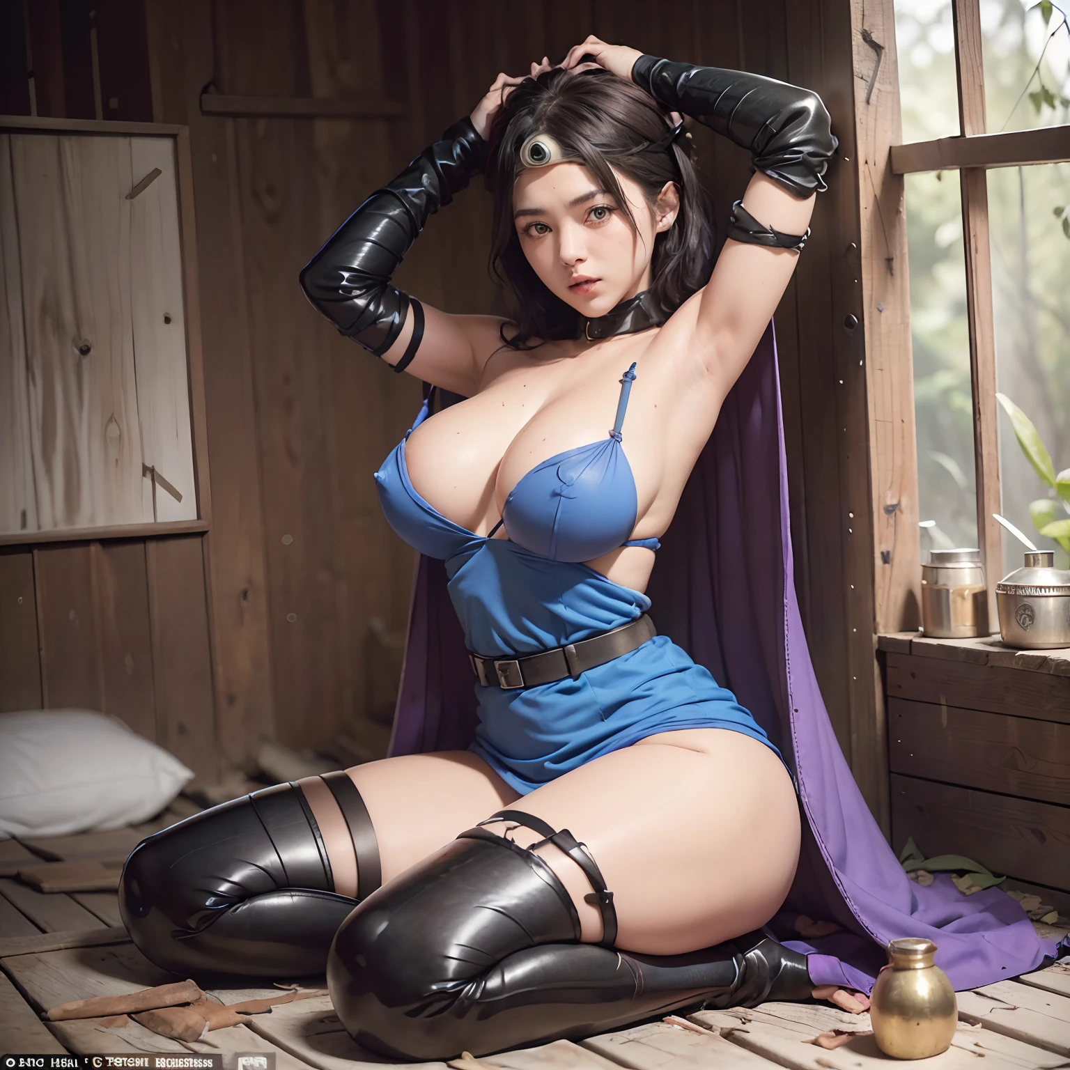 (masterpiece, Best Quality, High resolution, 32K), ROTO(DQ3), Woman, (black hair:1.15, circlet:1.1, short hair, Sheer blue dress:1.5, tube top dress:1.5, purple cape:1.25, shoulder armor, knee boots, thigh-highs, leather gloves, scabbard, sheathed weapon:1.1, weapon on back:1.1, sword on shoulder:1.1), (ultra gigantic tits:1.3, ultra gigantic tits:1.3, ultra Huge boobs:1.3, ultra huge cleavage:1.3, Nipple:1.5, Sit down and open legs:1.2, show shaved armpits:1.5, Perfect slim body:1.3), (In an abandoned hut, Shabby hut, Messy hut, Deep forest, Dark atmosphere:1.2), Epic Realistic, Faded, ((Neutral colors)), (Muted colors:1.2), ultra-detailliert, (Art Station:1.5), (Intricate details:1.1), (Natural Skin Texture, Hyper-Realism), (Detailed face, super detailed skin),