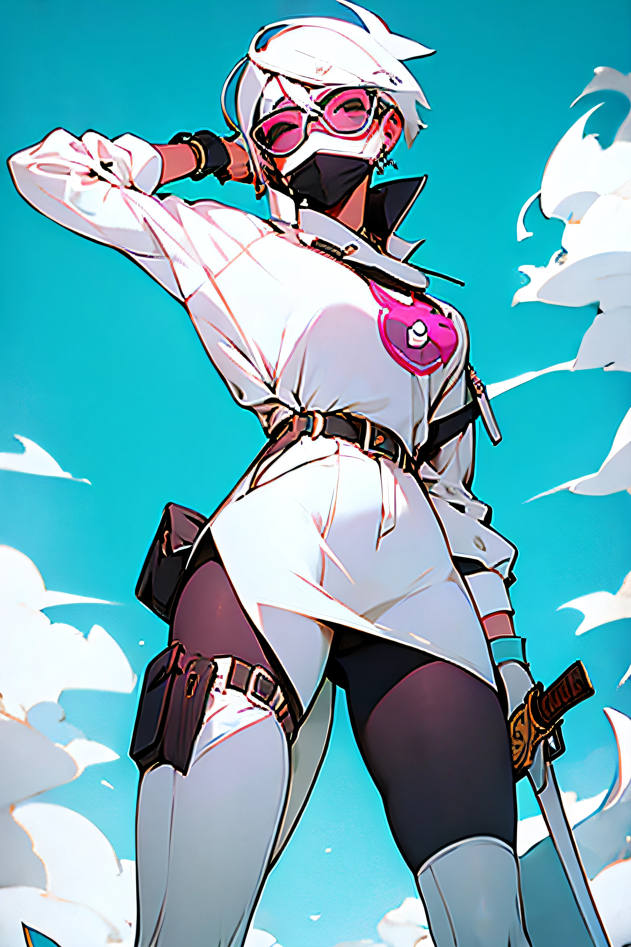 White girl, cool shirt, sword on back, glover, white hair, glasses, mask on face