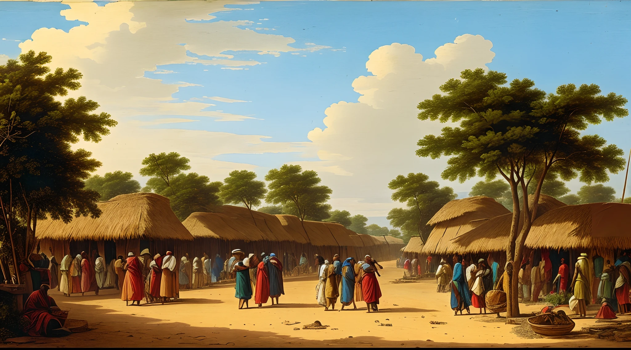 view from merchant's street of East Africa, rural, Indian Kulturkreis, busy, entrepot of trade, prosperous, Kilwa or Mombasa or Malindi, shops or stall or bazaar, afternoon, important port on trade routes, 5th century, ancient, no man, no woman, no girl, no boy, no person, no people, no boat, no ship, no asphalt road