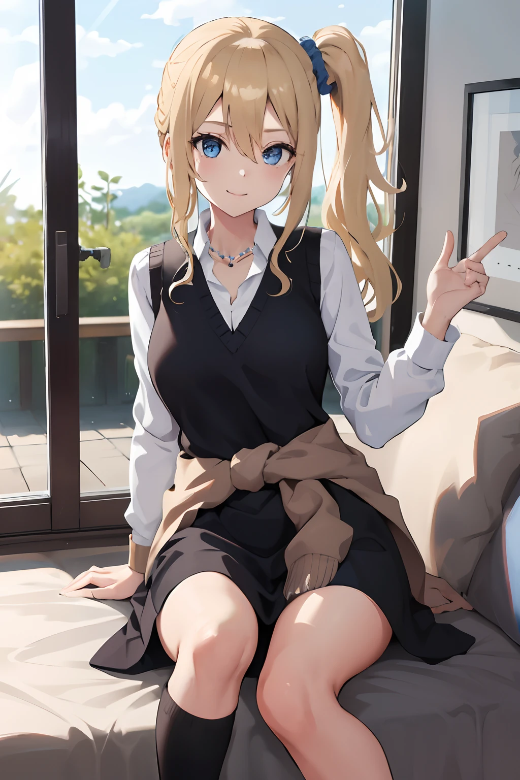 masuter piece, Best Quality, hight resolution, 1girl in, Solo, hayasaka ai, Smile,Blue scrunchie, Side Ponytail, hair between eye, Blue eyes, Blonde hair, Hair Ornament, breasts, School uniform, Collared shirt, hair scrunchie, clothes around waist, Bangs, Black socks, Black vest, Long hair, Long sleeves, Cardigan, side locks, knee high, dress shirts, Necklace, 鎖骨, Black Dress, Jewelry, Sweaters,