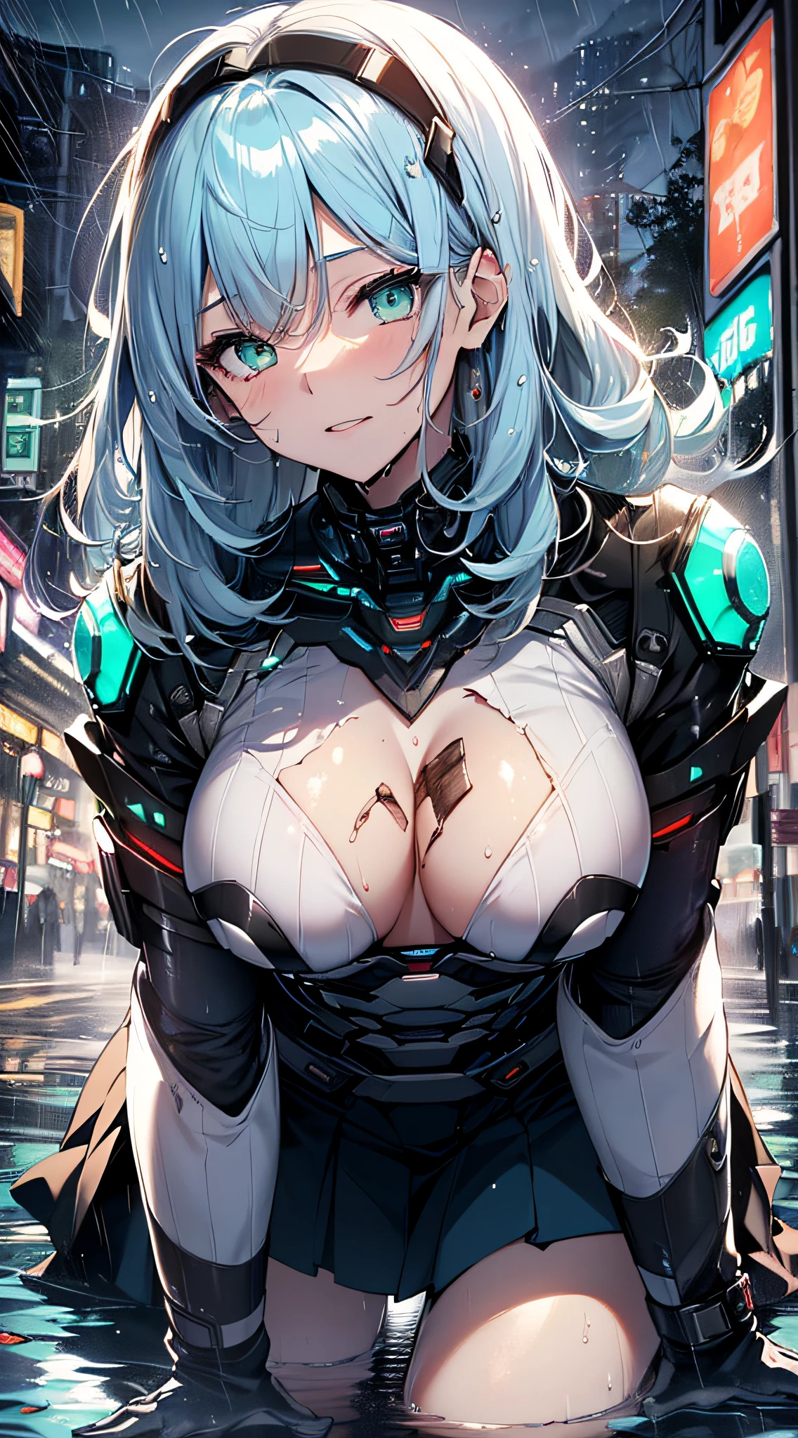 top-quality、Top image quality、masterpiece、Android Girl((sixteen years old,My whole body is full of wounds、Broken cybersuit glowing black, red and white、Blue energy source for the chest,Best Bust、Bust 90、Light blue shiny hair、Longhaire,Cyber Skirt、Blue-green eyes、open chest wide、Valley、Happiness、A slender、the whole body is wet、Falling to the floor、Kneeling、Leaning forward))hiquality、Beautiful Art、Background with((Magical Night City、Very heavy rain,Intense thunder、Windstorm))、masutepiece、Elaborate design、visualart、Theatrical films