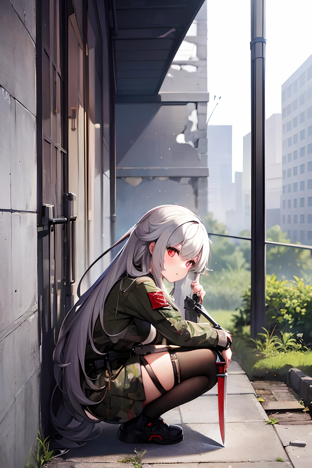 (masterpiece:1.2), best quality , PIXIV,  girl , long white hair , red eyes , perfect eyes , Wearing and gray camouflage uniforms , (anime girl have a black long knife in her hand) ,She stands in the ruins , girls frontline style,smooth anime cg art, profile of anime girl , She squatted on the ruins and looked at a flower growing in the corner ，