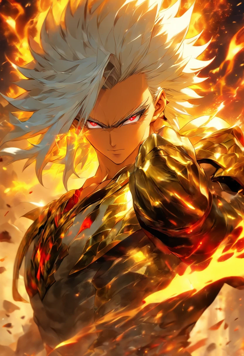 a male anime character with white hair and red eyes, character album cover, full art, antasy character, full art illustration, full portrait of elementalist, character profile art, official character art, official character illustration, merlin, high detailed official artwork, game key art, omoide emanon, oz, mobile game art, fangs, smurk, white hair, no shirt, muscular body, walking pose, white clothes, gold armor on the arms, black pants , white clothes on the around the waste.