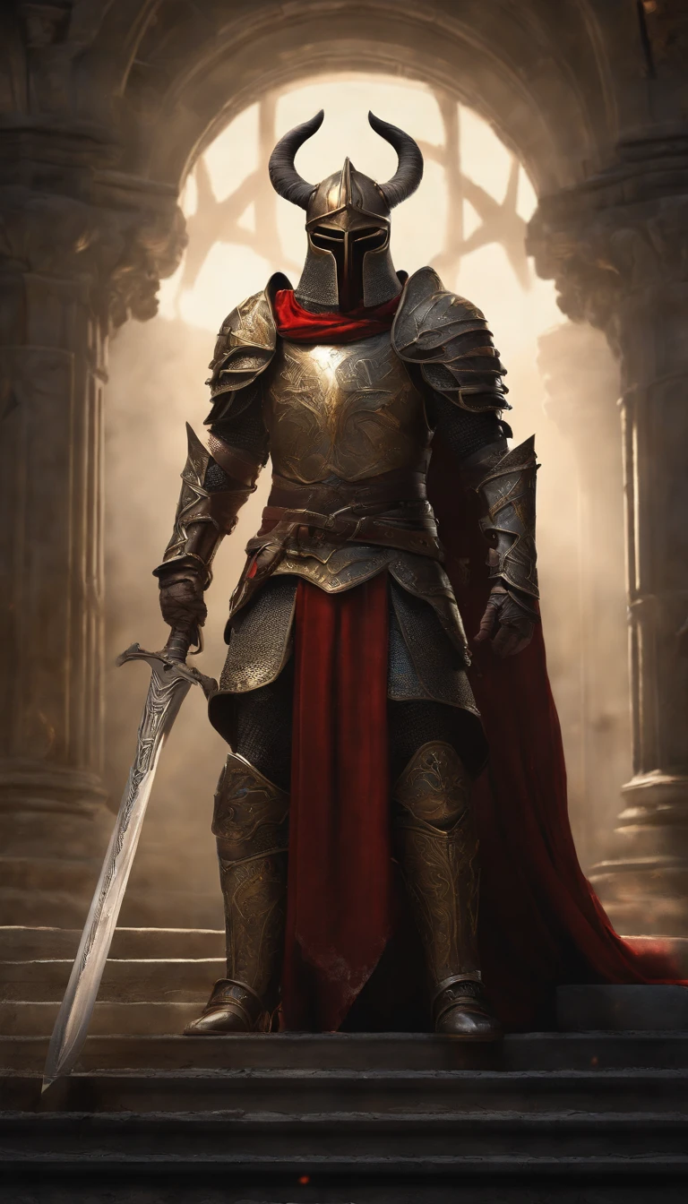 (Best quality,4K,8K,A high resolution,Masterpiece:1.2),Ultra-detailed,(Realistic,Photorealistic,photo-realistic:1.37),A sword-wielding demon armor warrior stood in the hall, Full body portrait of the mysterious knight, Wearing heavy armor，Behind him is a black cloak with a gorgeous pattern，A sacred warrior wielding a legendary sword, Mythical warriors in full-body armor, A golden knight with divine armor, The helmet is decorated with the devil's horns, The eyes glow blood-red, Concept art for glorious figures, Crimson Armor Knight, Epic Paladin armor, Holy medieval knight, Hold a long sword in one hand，Blades embedded in the earth, submission, Full body shot.