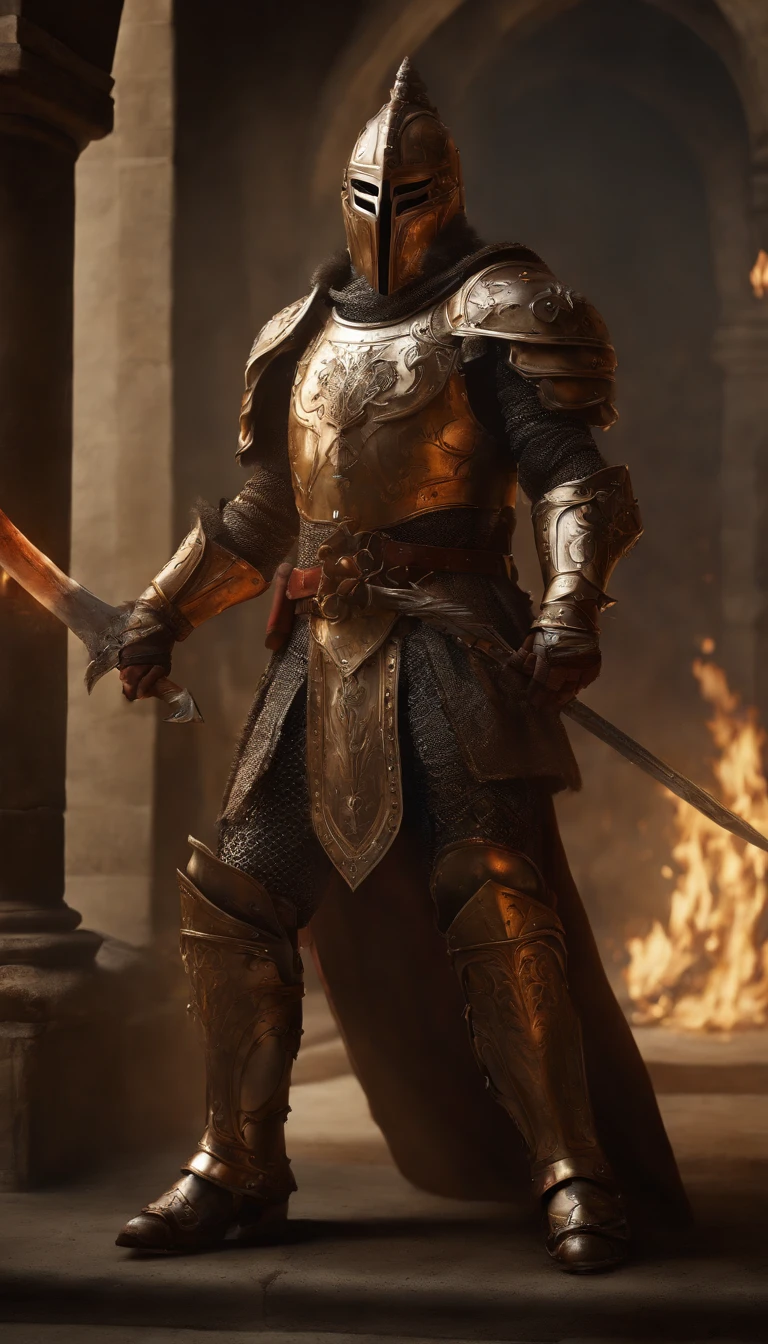 (Best quality,4K,8K,A high resolution,Masterpiece:1.2),Ultra-detailed,(Realistic,Photorealistic,photo-realistic:1.37),A sword-wielding demon armor warrior stood in the hall, Full body portrait of the mysterious knight, Wearing heavy armor,Behind him is a black cloak with a gorgeous pattern,A sacred warrior wielding a legendary sword, Mythical warriors in full-body armor, A golden knight with divine armor, The helmet is decorated with the devil's horns, The eyes glow blood-red, Concept art for glorious figures, Crimson Armor Knight, Epic Paladin armor, Holy medieval knight, Hold a long sword in one hand,Blades embedded in the earth, submission, Full body shot.