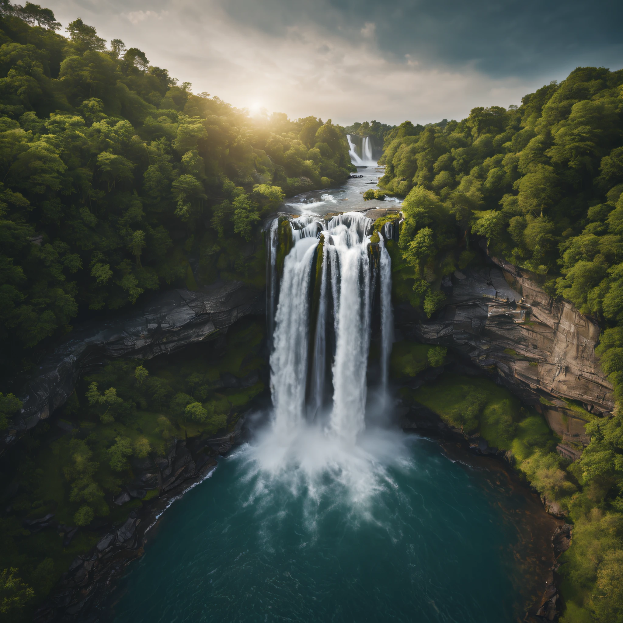 A beautiful shots of waterfall, a drone shots, highly details, realistic image, shots in RAW, landscape photography, highly detail, 4k, extremely detail