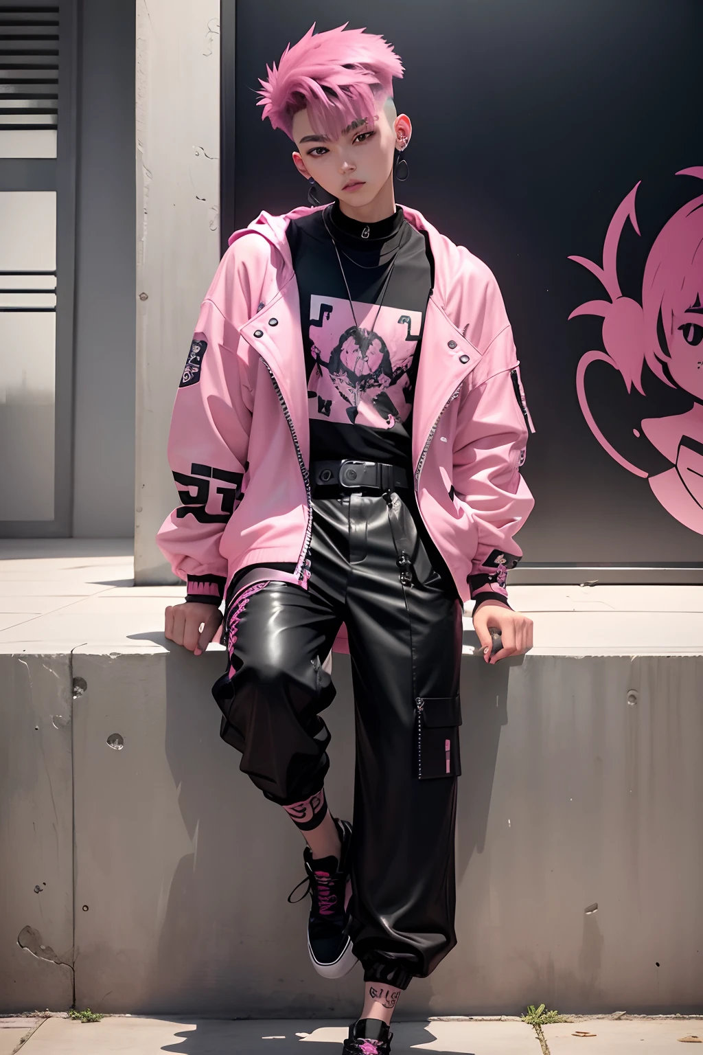 Kpop  boy with fade cut pink hair, cute face, irresistible,sit pose, poser, serious face, full half body show, tattoos, wears cool black mixed pink open jacket with long big sized shirt, long black pants with belt, paint background