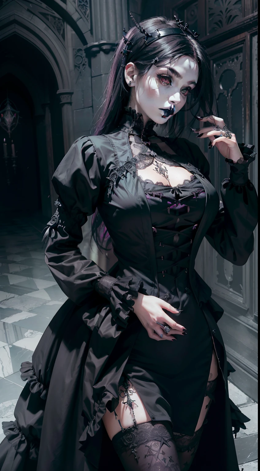 Official Art, Unity 8k wallpaper, ultra-detailed, beautiful, beautiful, ((New Goth gal:1.4)), masterpiece, best quality, dark, atmospheric, mystical, romantic, creepy, literature, art, fashion, victorian, decoration, intricate, ironwork, lace, contemplation, emotional depth, supernatural, 1 girl, solo, hip