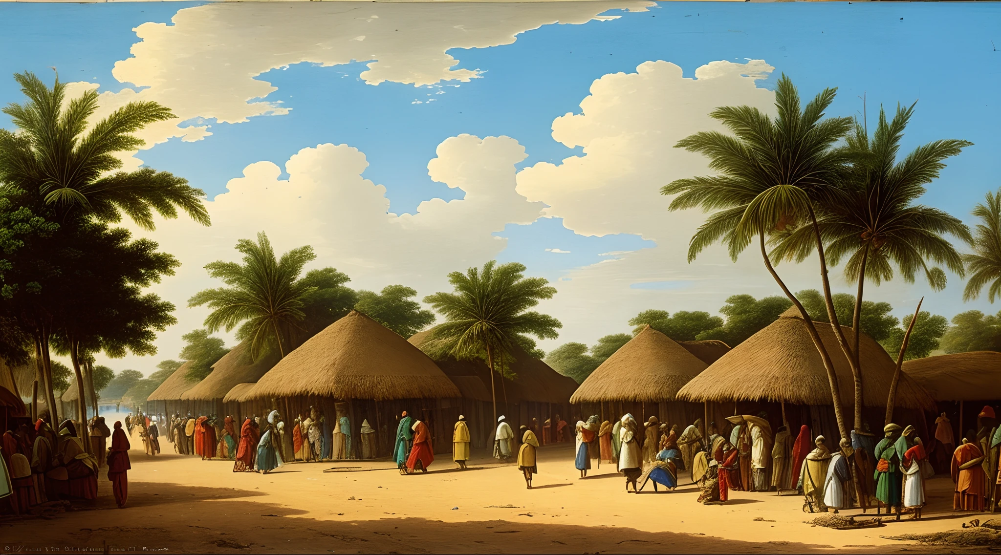 view from merchant's street of East Africa, rural, Indian Kulturkreis, busy, entrepot of trade, prosperous, Kilwa or Mombasa or Malindi, shops or stall or bazaar, afternoon, important port on trade routes, 5th century, ancient, no man, no woman, no girl, no boy, no person, no people, no boat, no ship, no asphalt road