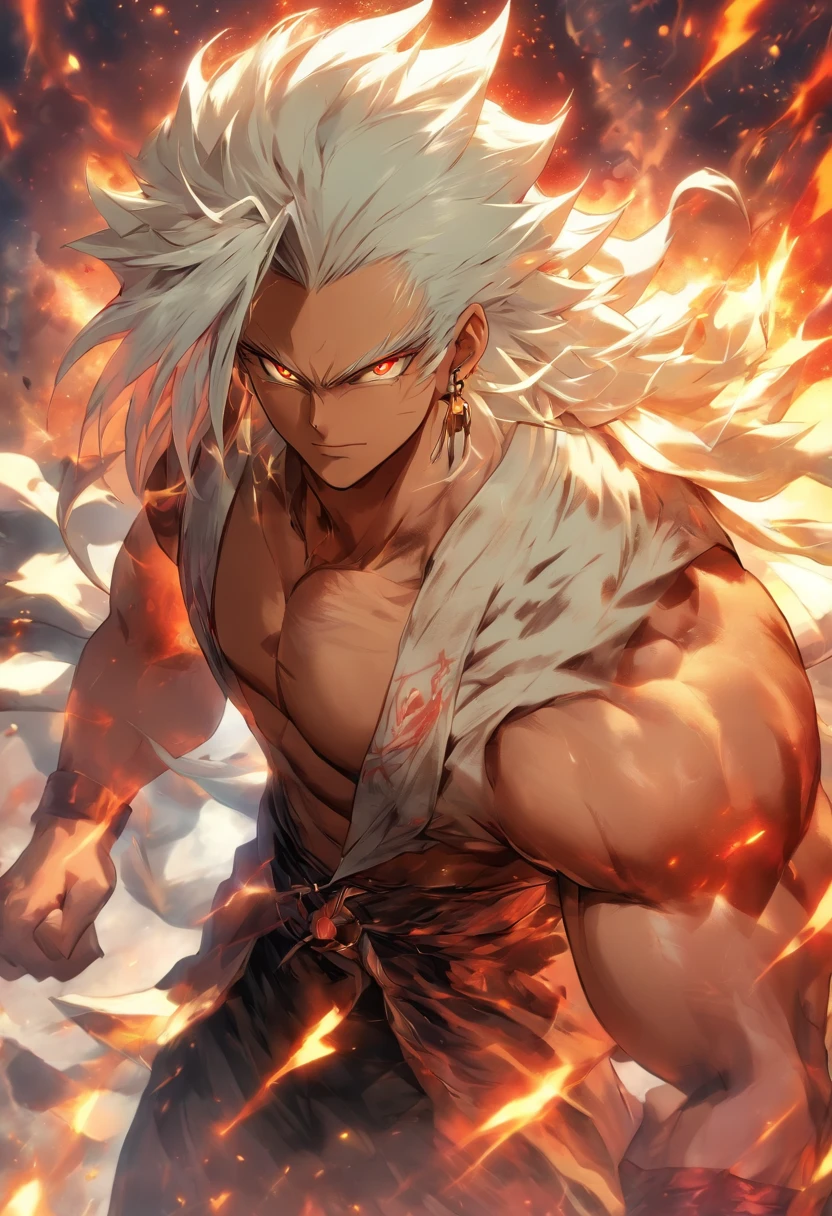 a male anime character with white hair and red eyes, character album cover, full art, antasy character, full art illustration, full portrait of elementalist, character profile art, official character art, official character illustration, merlin, high detailed official artwork, game key art, omoide emanon, oz, mobile game art, fangs, smurk, white hair, no shirt, muscular body, walking pose
