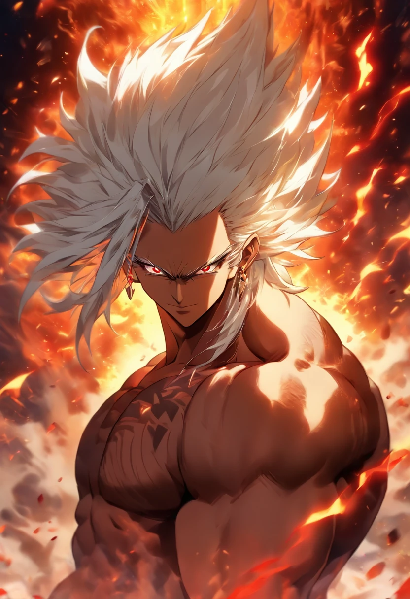 a male anime character with white hair and red eyes, character album cover, full art, antasy character, full art illustration, full portrait of elementalist, character profile art, official character art, official character illustration, merlin, high detailed official artwork, game key art, omoide emanon, oz, mobile game art, fangs, smurk, white hair, no shirt, muscular body, walking pose