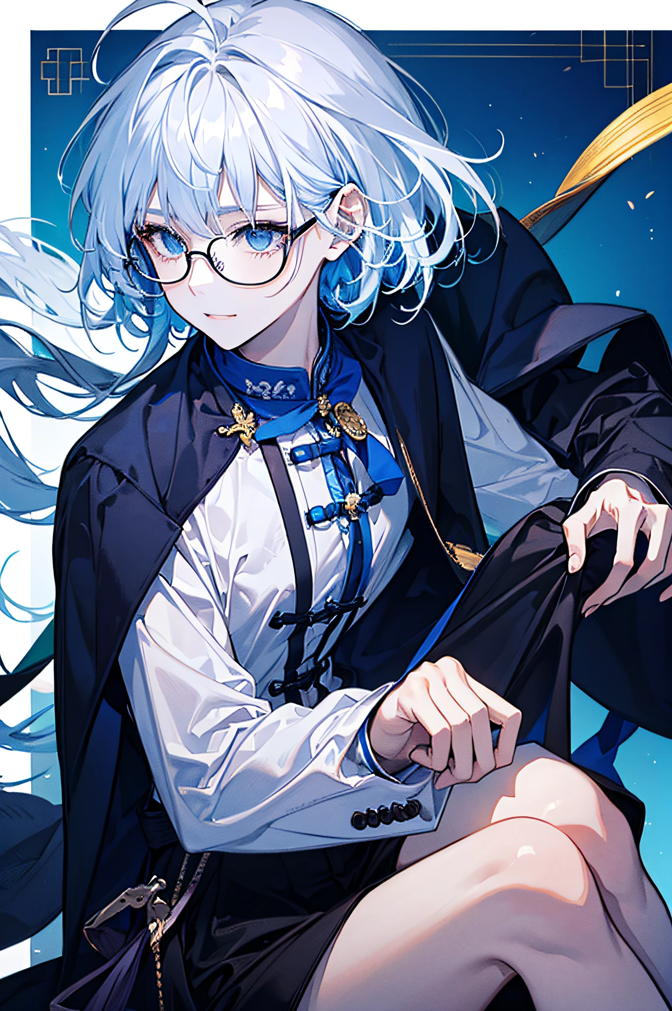 **K,Libido boy，Blue-white hair，White suit。Square frame glasses，Sit Pose，Sunny and cheerful。